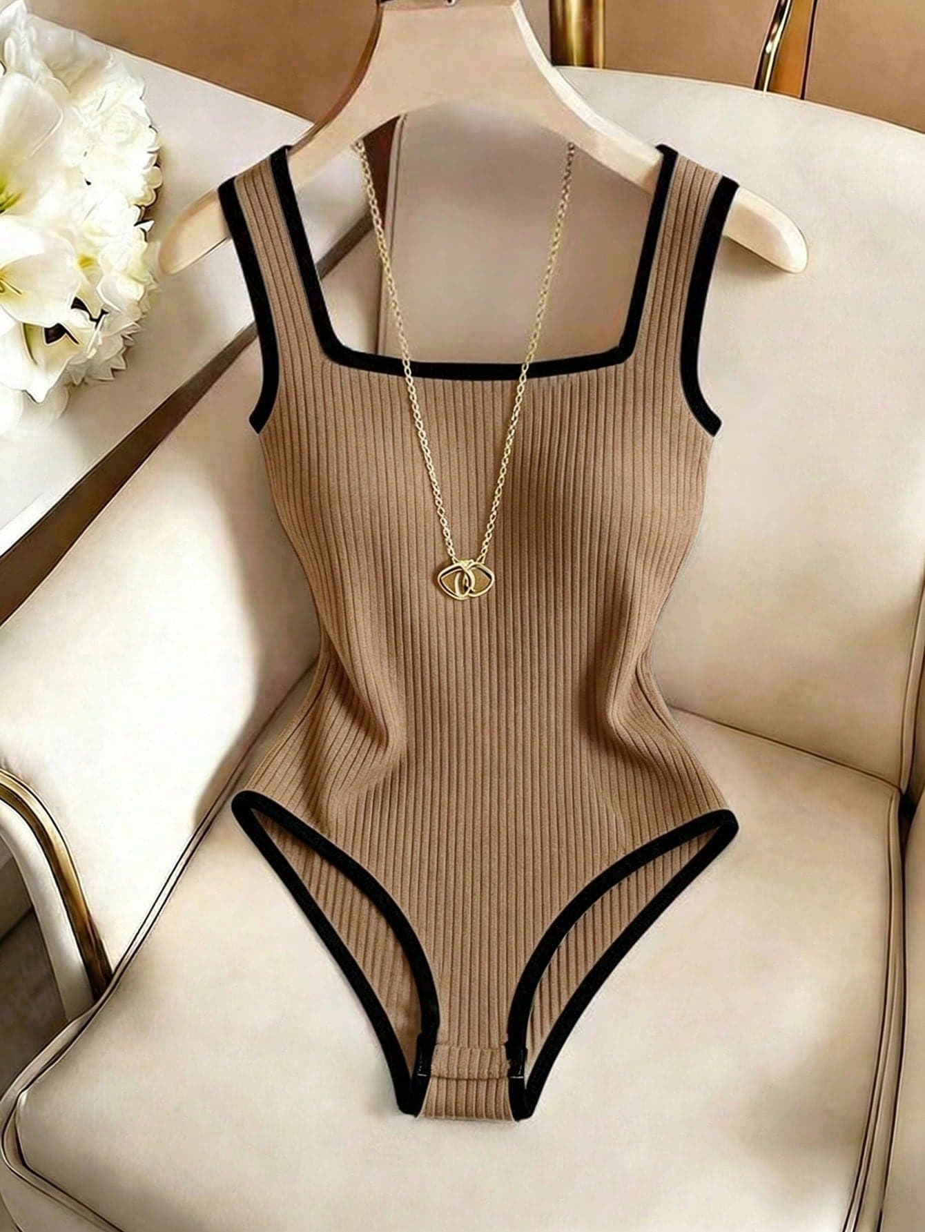 Franclia Women's Apricot Ribbed Bodysuit,Chic Black Color Blocking Square Neck Cinched Waist,Summer Night Out Outfit,Elegant Beach Vacation Casual Wear
