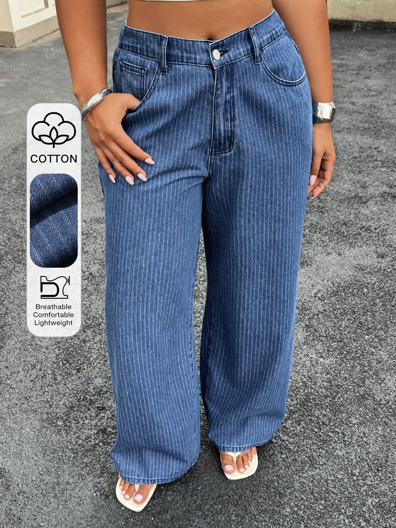 Dazy Plus Striped Textured Loose Casual Street Style Western Cowgirl Clothing, Plus Size Women Long Jeans, All Season