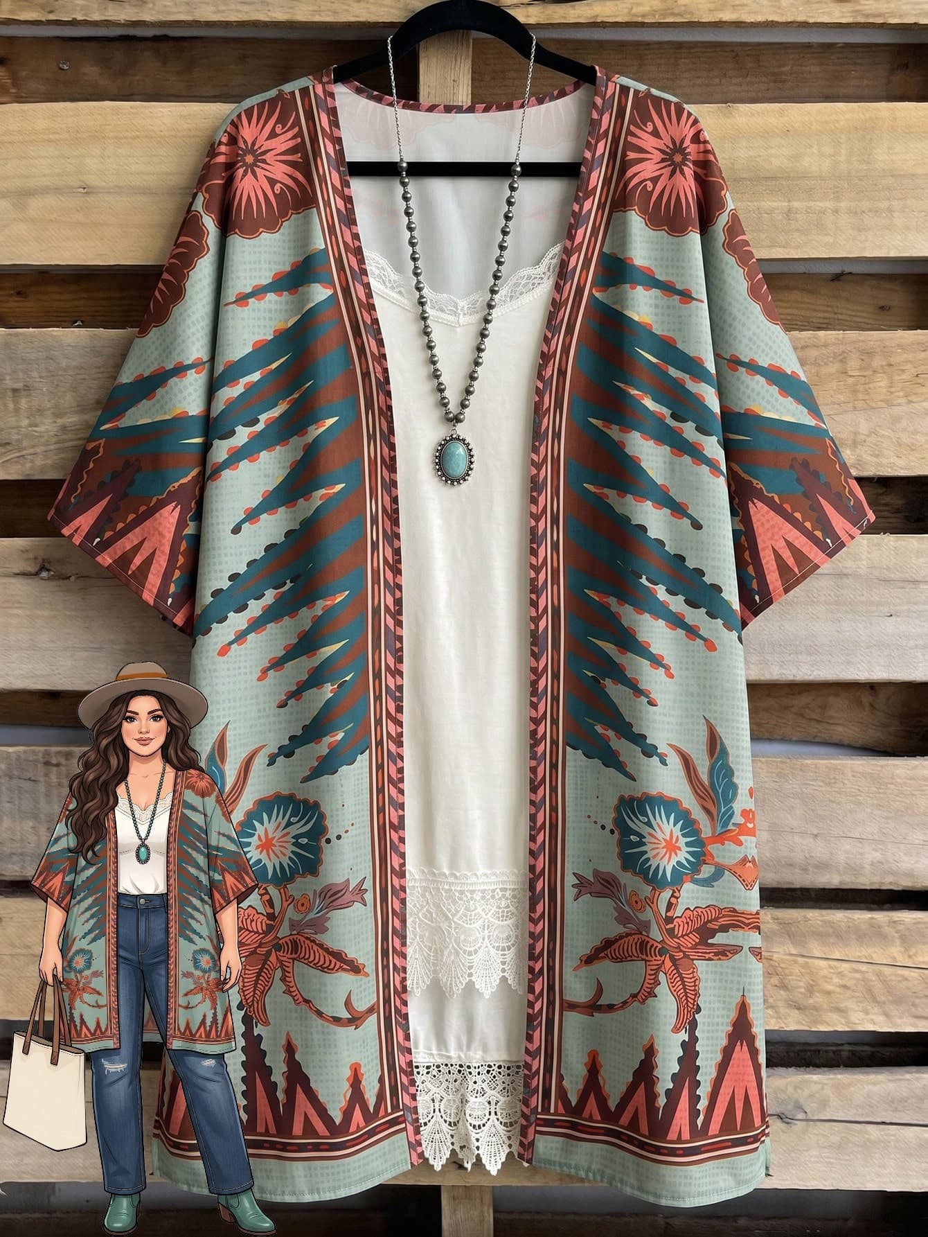 Rusticease Plus Size Casual Whimsical Vacation Floral Geometric Print Jacket Autumn Outfit For Women Festival Outfits Beach Holiday Country Concert