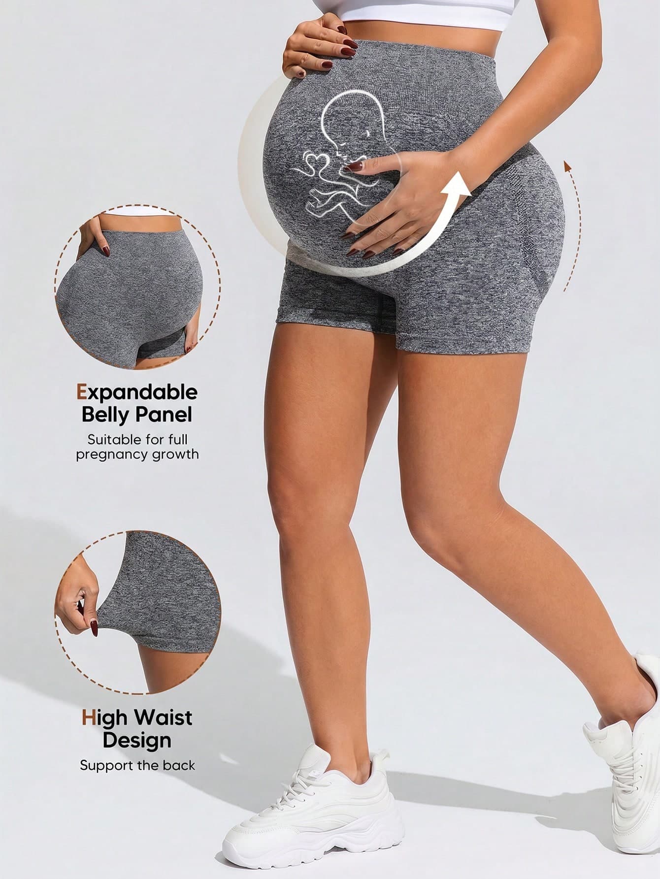 SHEIN Maternity High Waist Fitted Sports Maternity Shorts,Word Cup Photoshoot Summer