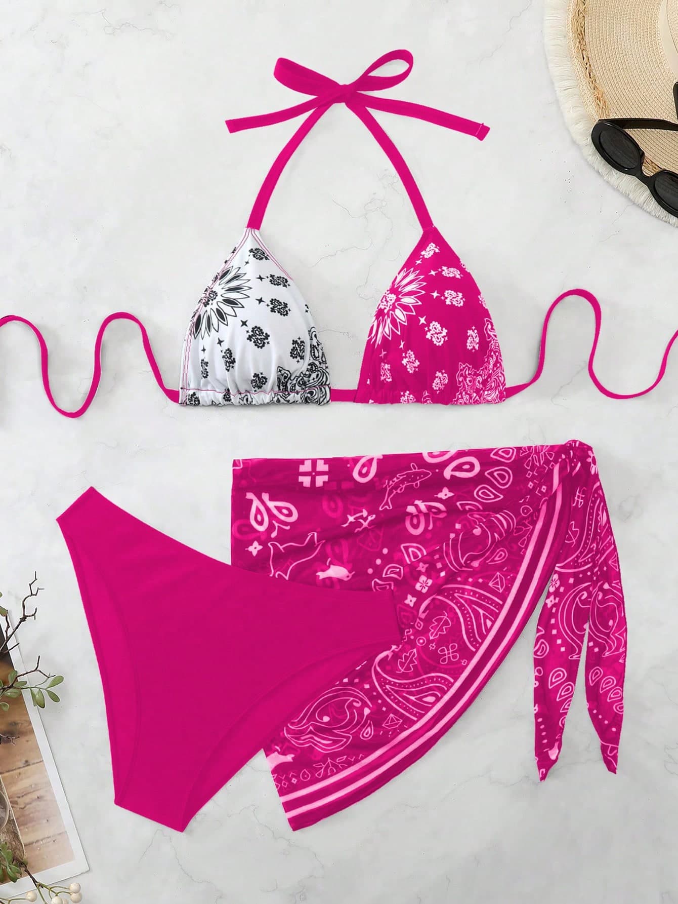 Swim Vcay Plus Size Women 3pcs Halter Backless Printed Bikini Set With Mesh Short Apron, Vacation Swimwear Vacation Summer
