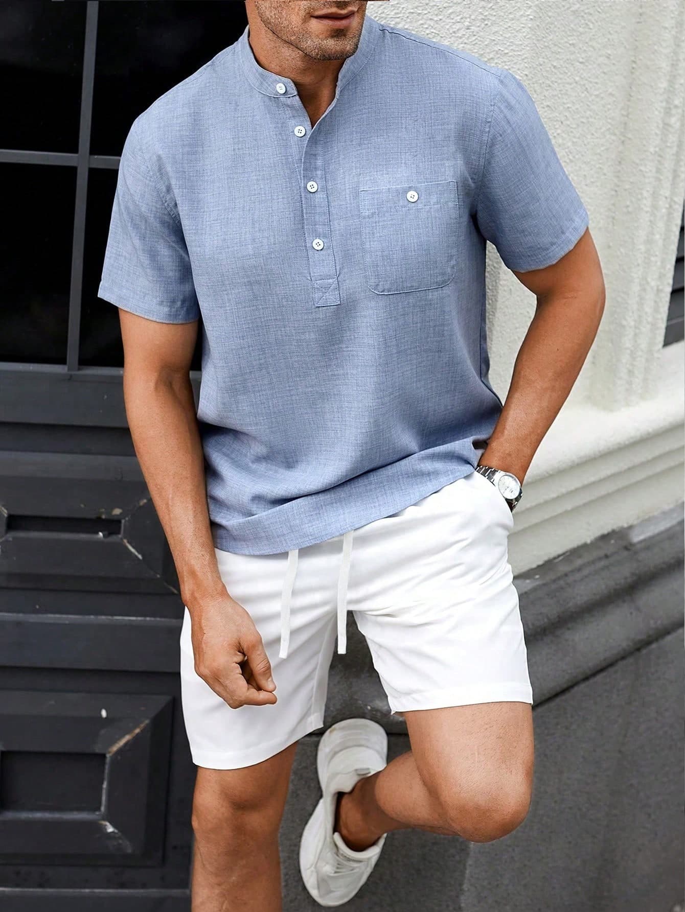 Manfinity CasualCool 2pcs Men's Front Button Short Sleeve Pocket Top And Shorts Set, Simple Design
