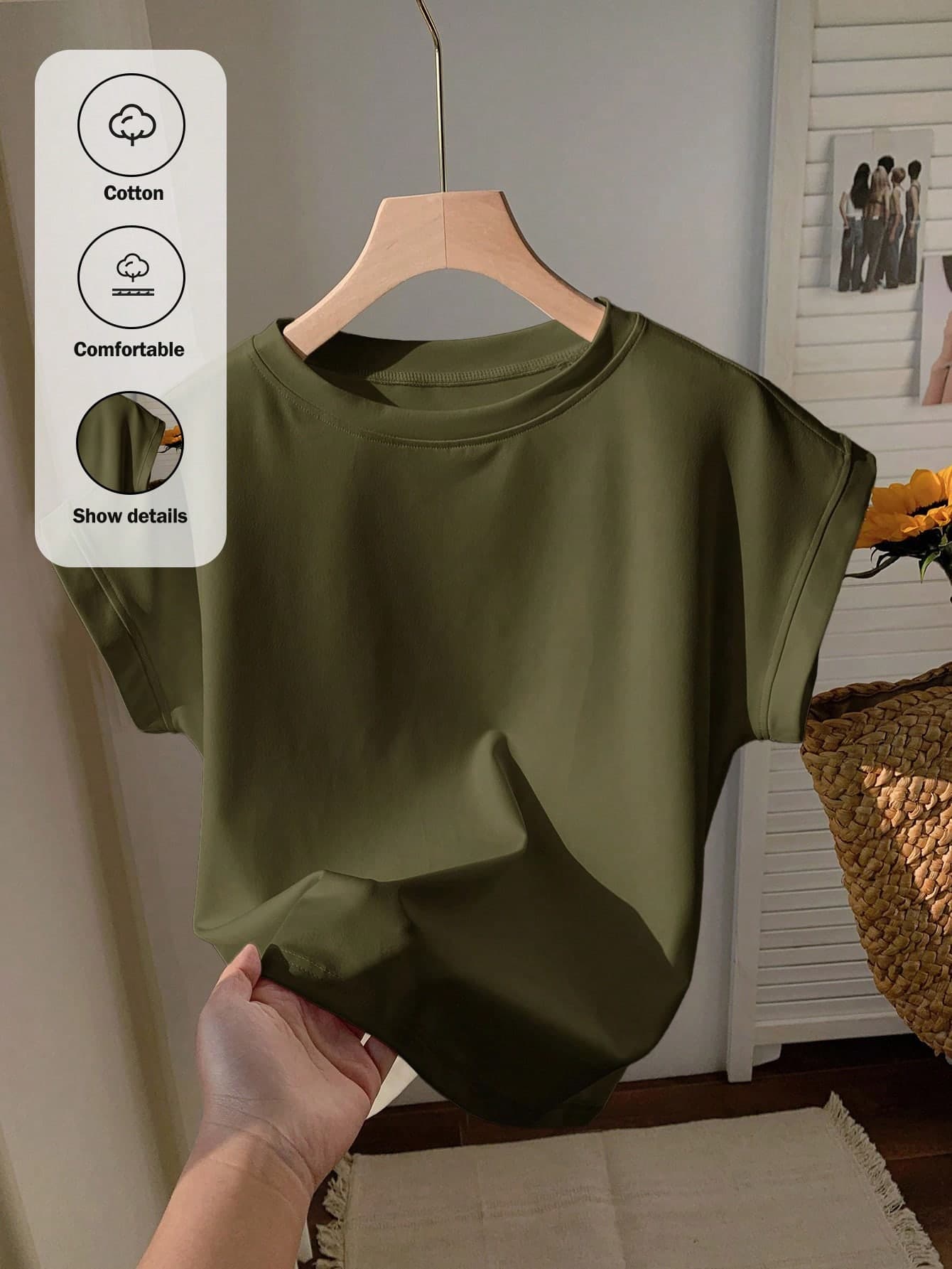 Comfortcana Casual Solid Color Round Neck T-Shirt, Versatile For Summer Top Outfits Clothes, Work Home Home Travel Vacation Blouses For Women Olive Green