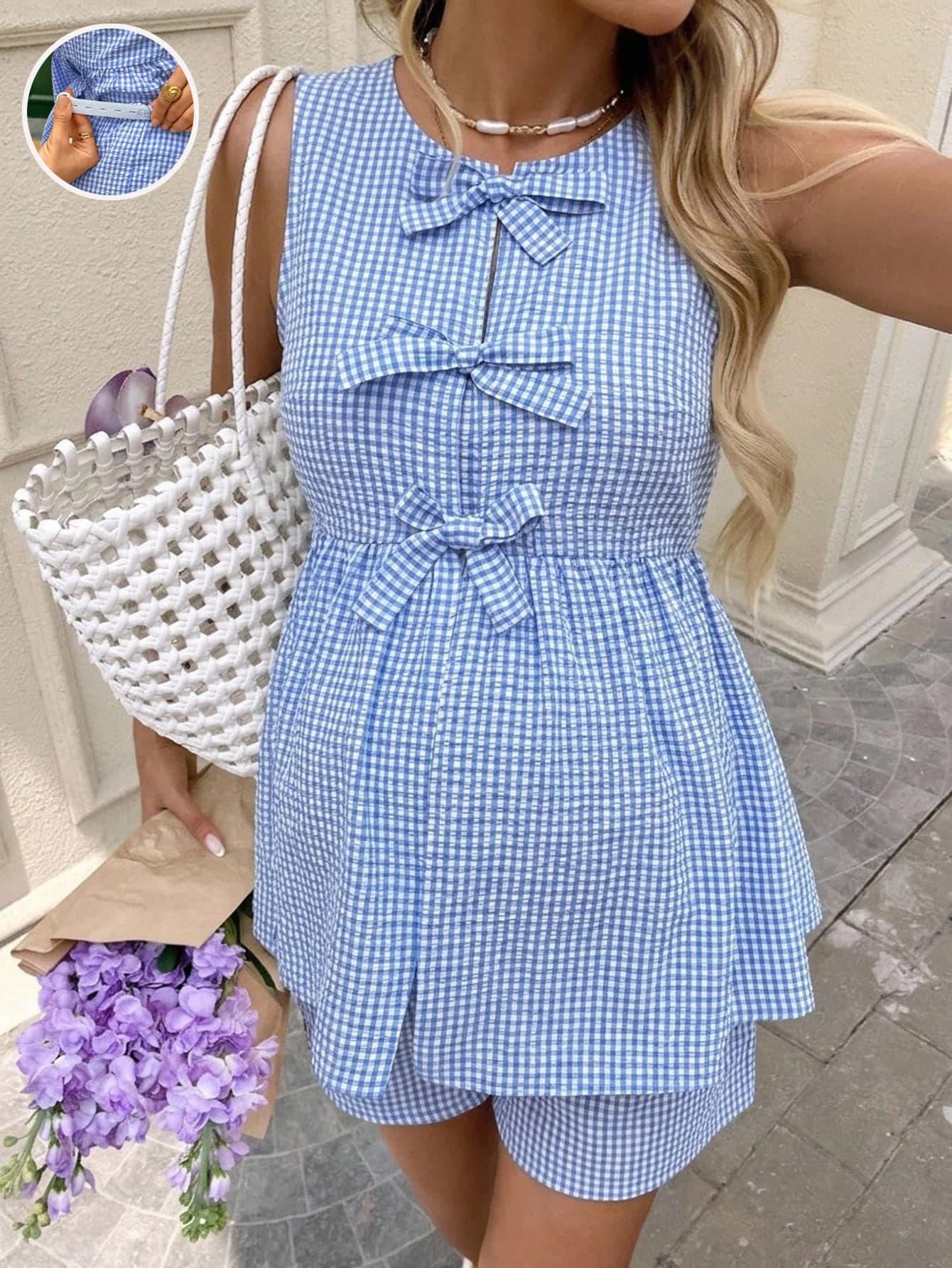 Lyckli Maternity Plaid Bow Decor Camisole And Shorts Casual 2 Pieces Set
