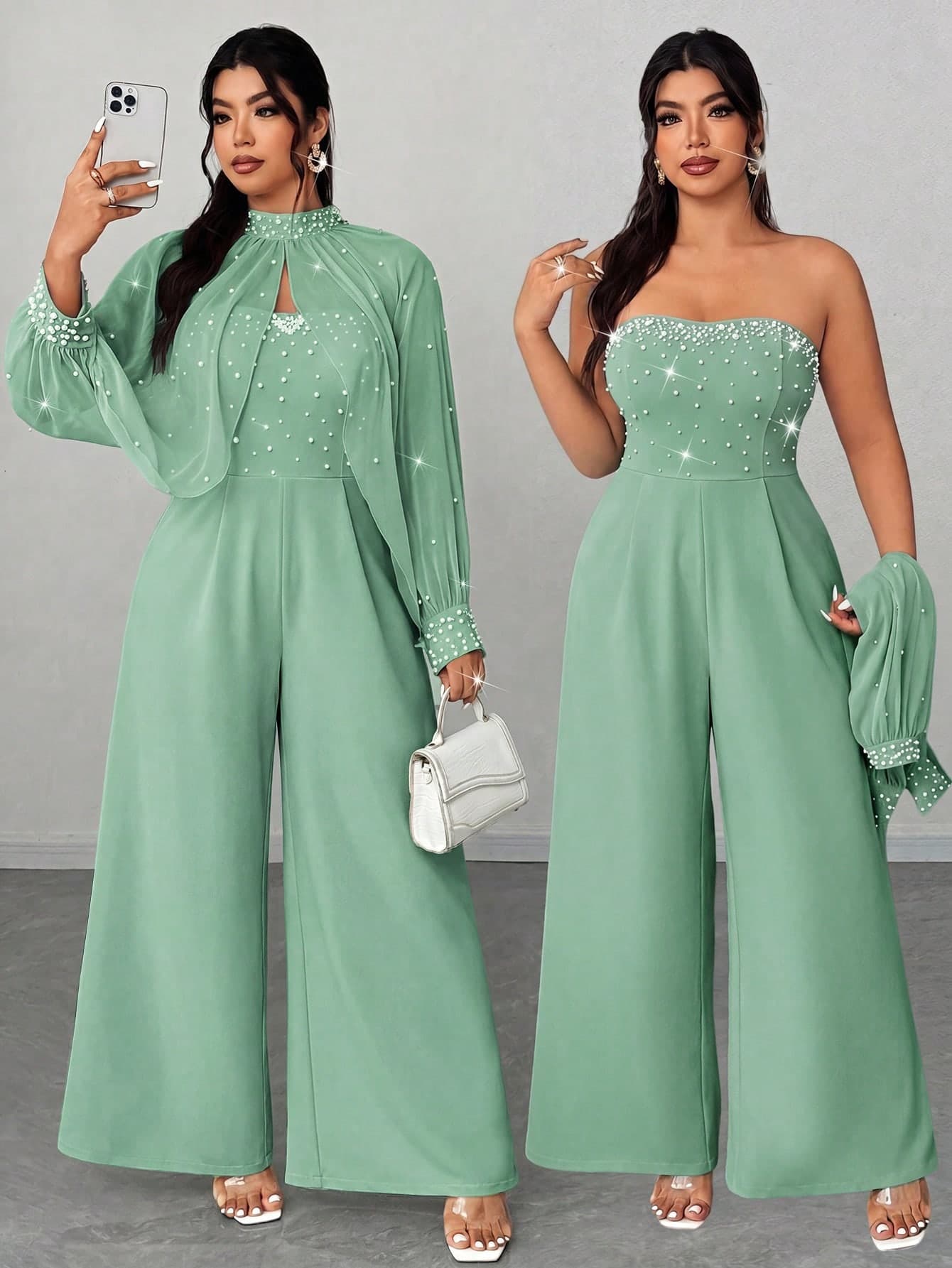 Elenzga Plus Size Women Sage Green Elegant Wedding Guest Wide Leg Jumpsuit 2 Pieces Set,Fall Winter Chiffon Beaded & Rhinestone Stand Collar Top And High Waist