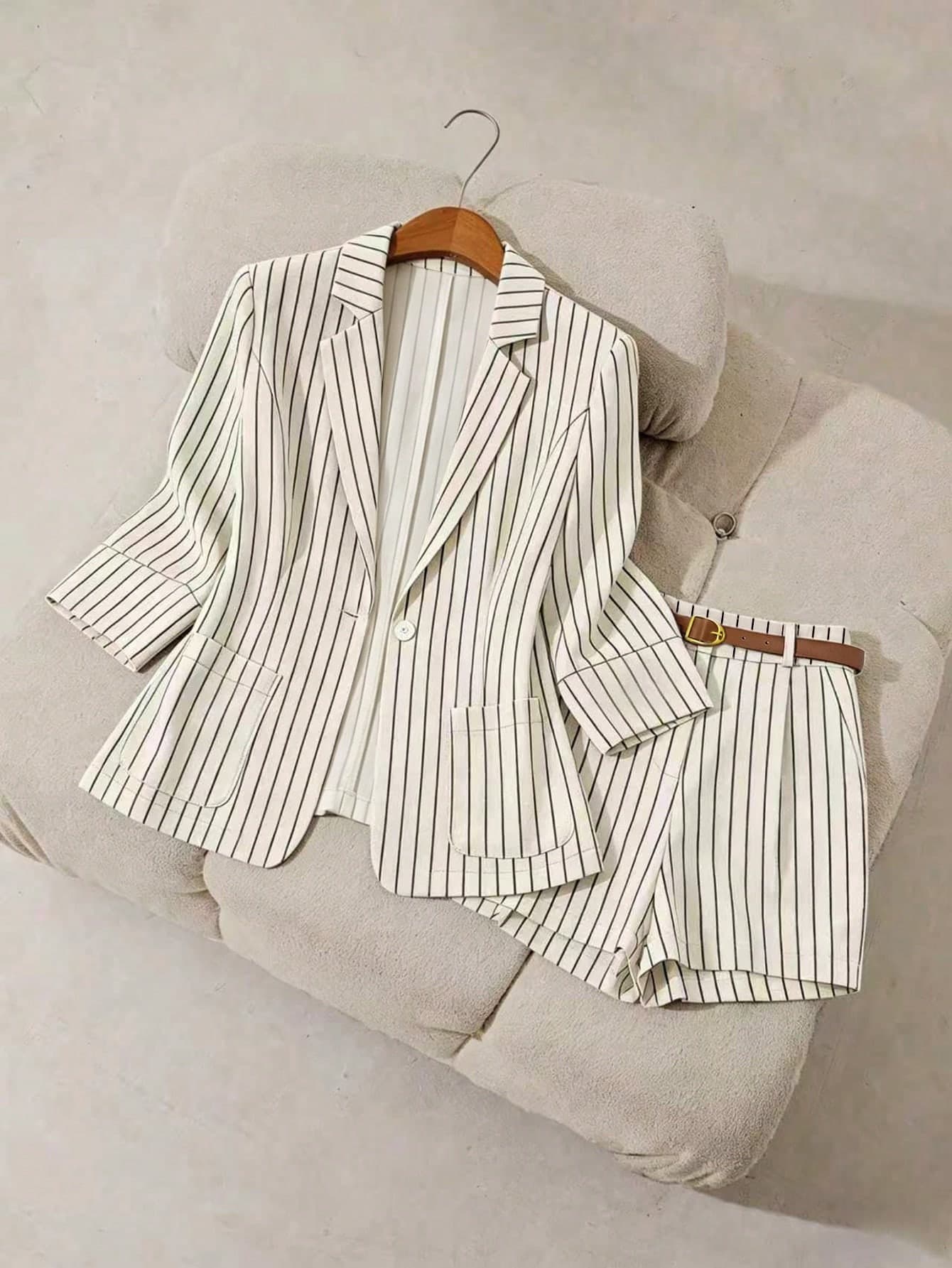 Resyla Light Blue Blazer + Belted Shorts Fashion Suit