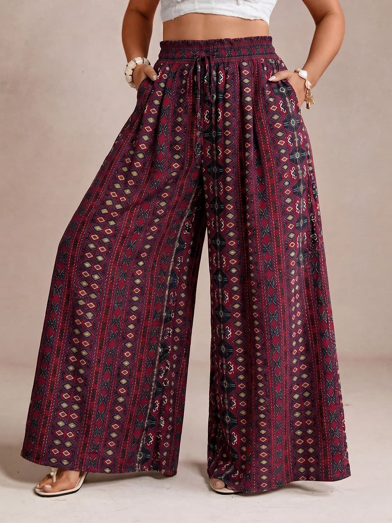Freevana Plus Size Women's Wide Leg Pants With Pockets, Summer Boho Vacation Holiday Printed Trousers, Elegant Casual Bohemian Style Early Autumn