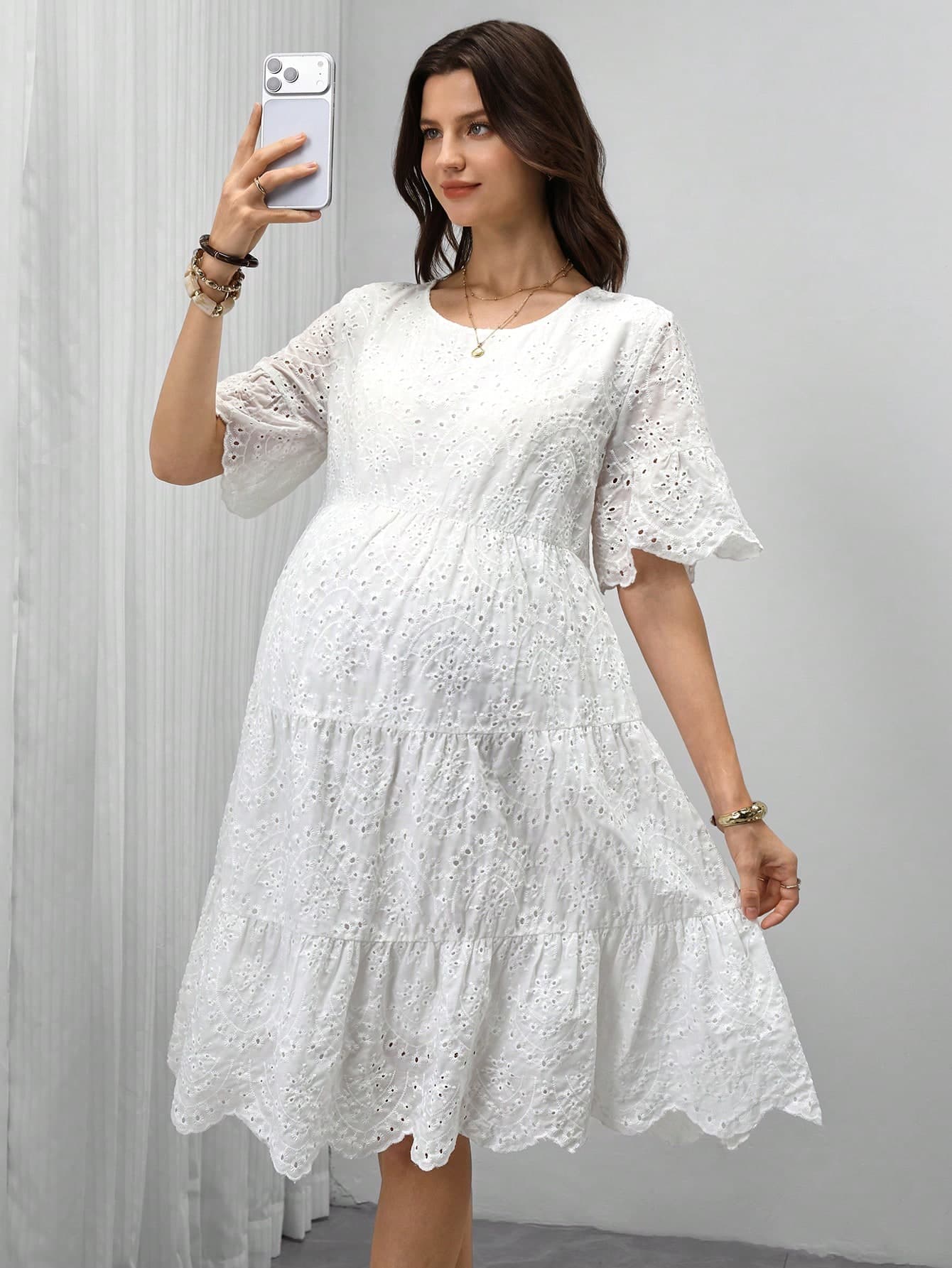 SHEIN White Summer Elegant Maternity Dress For Baby Shower,Pregnant Women Hollow Embroidery Round Neck Short Sleeve Beach Civil Wedding Photoshoot Vacation