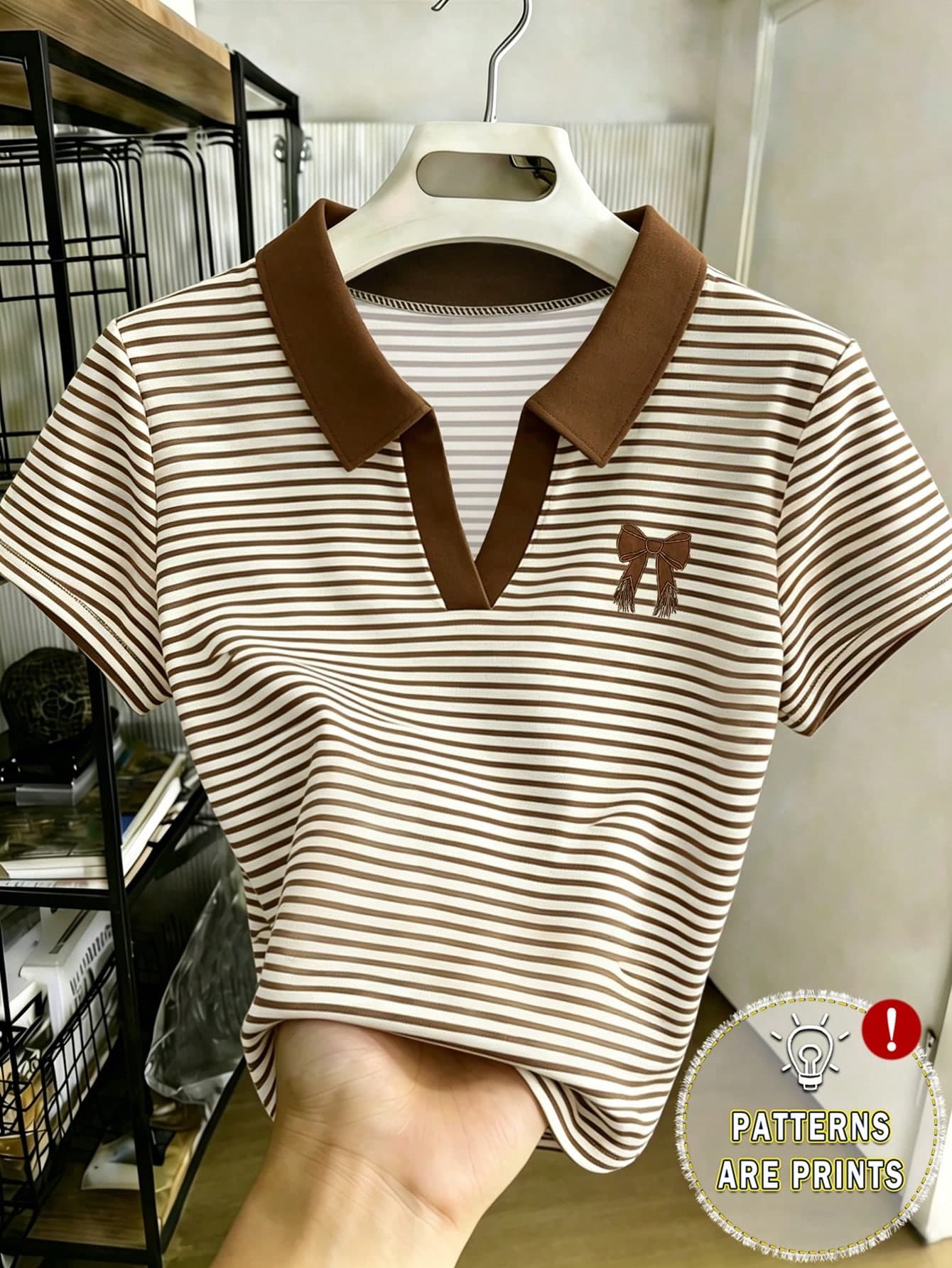 Franclia Women's White And Brown Striped Polo Collar Short-Sleeve T-Shirt,Bow Pattern Embroidery Casual Summer Top For School,Back-To-School Fashion Gift