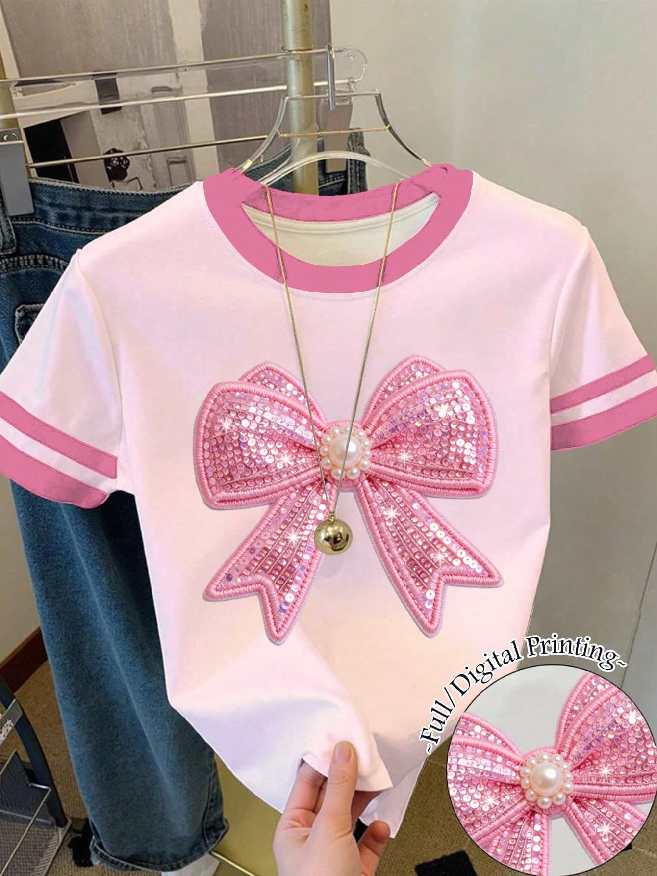 Tween Girl Casual Minimalist Cute Sweet Shiny Bow Pattern, Cream Pink, Round Neck Short Sleeve T-Shirt Suitable For Summer Graphic, Kawaii, Tops, Y2k, Cozy, Pink, Sequin