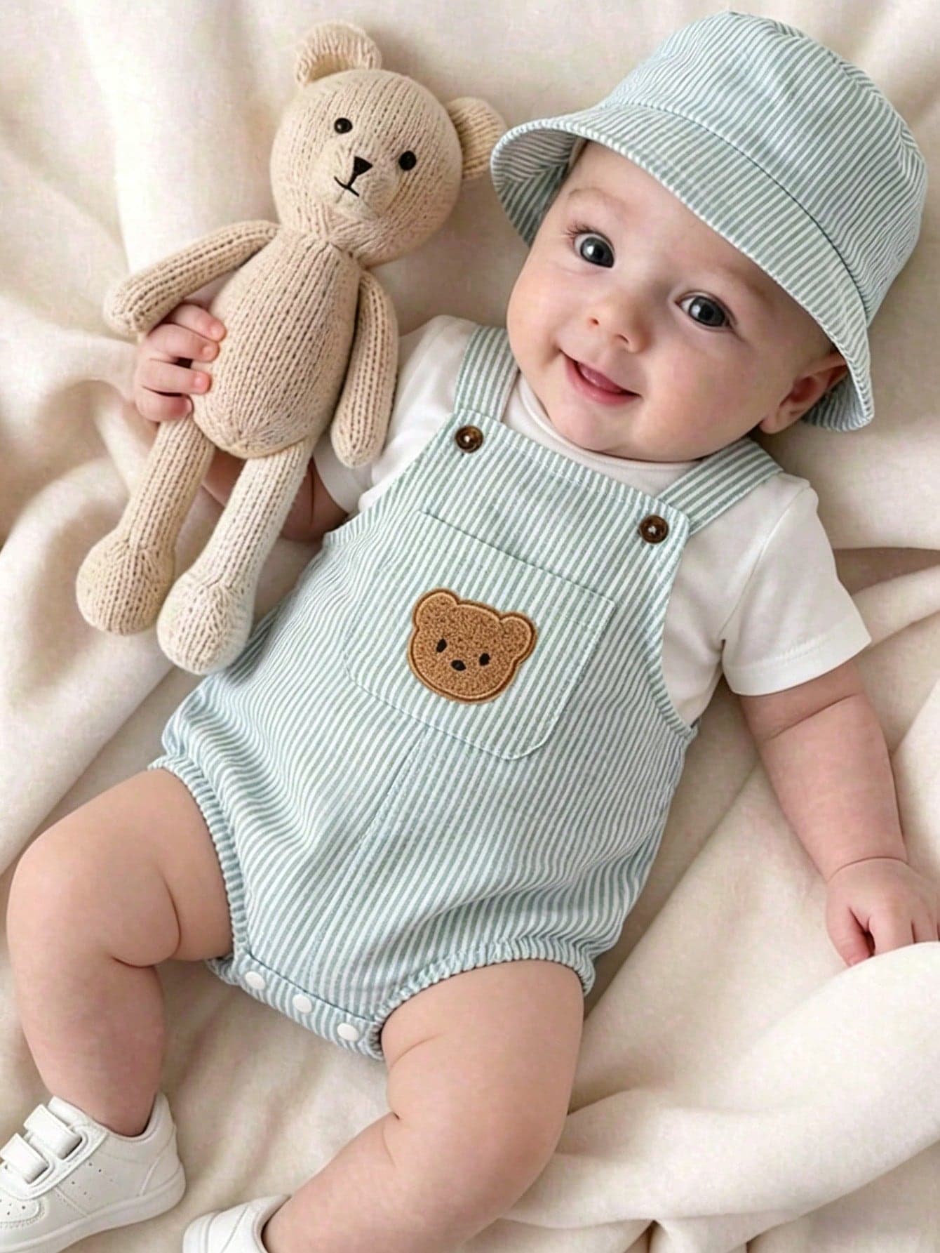 SHEIN Playful Pals Newborn 3-Piece Set Cute & Casual Summer White Short-Sleeve T-Shirt Blue Striped Backless One-Piece Dress With Hat Bear Badge Vacation Outfit For Baby
