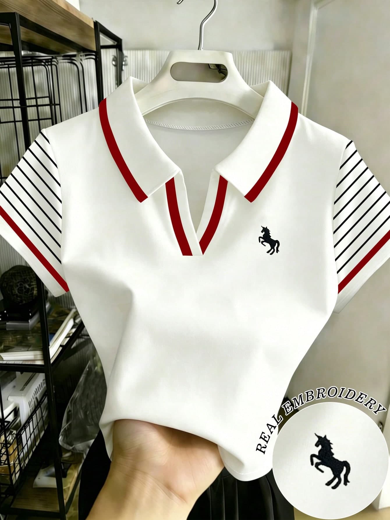 Resyla Women's Color-Blocked Striped Print Unicorn Embroidery Casual And Versatile Polo Collar Short-Sleeve Tee