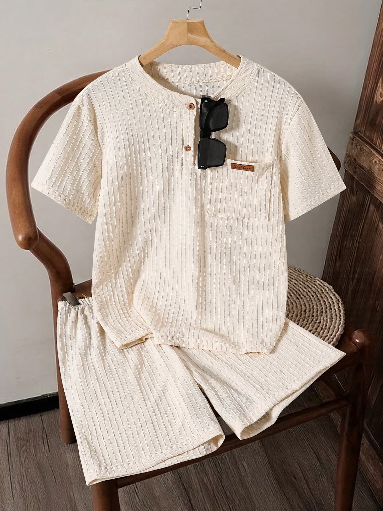 2pcs/Set Teenage Boys Casual Textured Fabric Half-Placket Shirt And Striped Shorts Set, Minimalist And Comfortable For Daily, Commute, Vacation