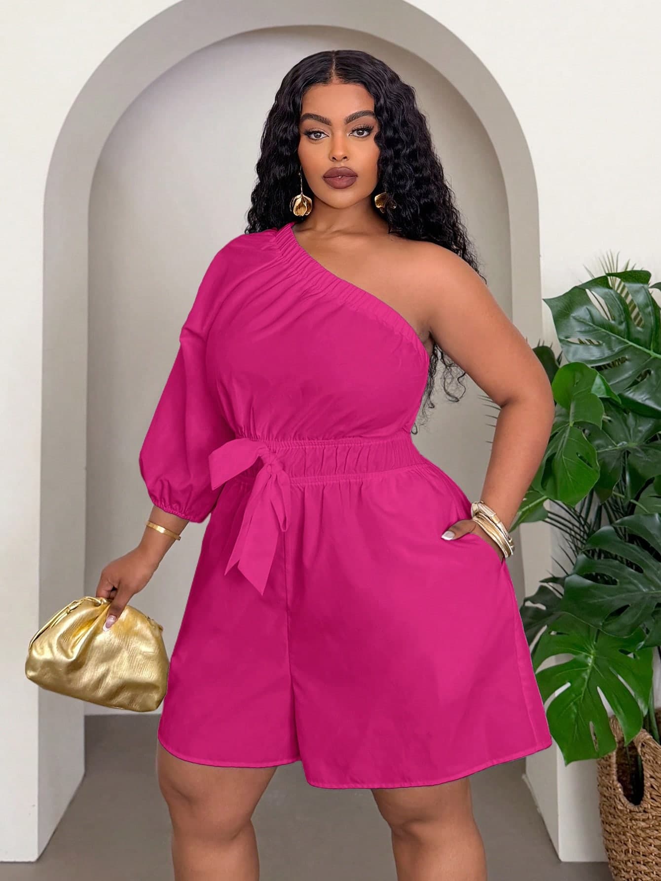 Veslaya Plus Size Loose Sleeveless Romper,Pastel Pink,Summer,Smart Casual,Vacation,Elastic Waist With Pockets,Woven Fabric,Beach,Cruise,Party,Daily Wear Fall