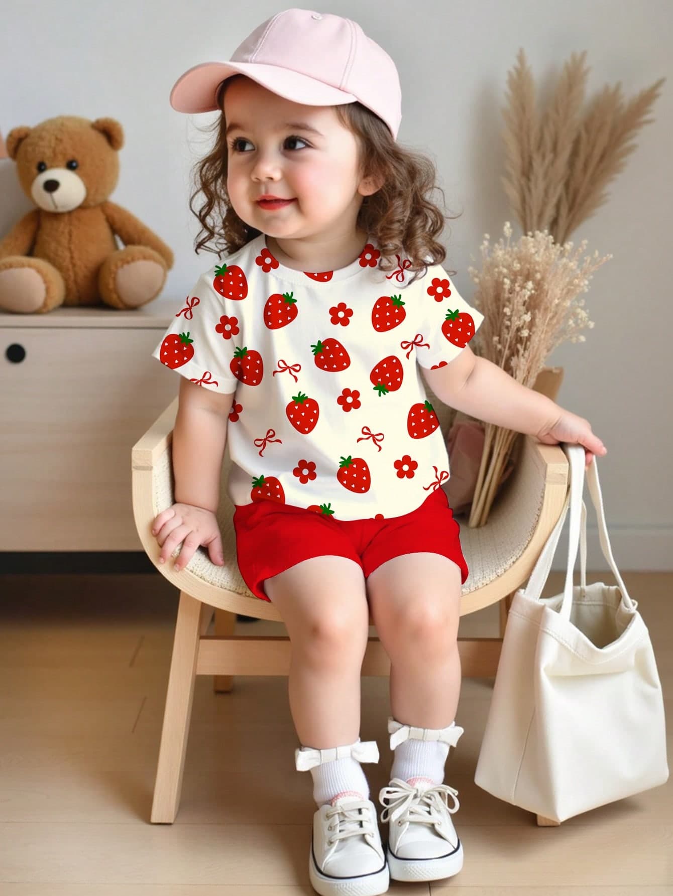Baby Girl Casual Sweet Cute Bow, Strawberry, Floral Print Round Neck Short Sleeve T-Shirt And Leggings Set, Suitable For Spring And Summer
