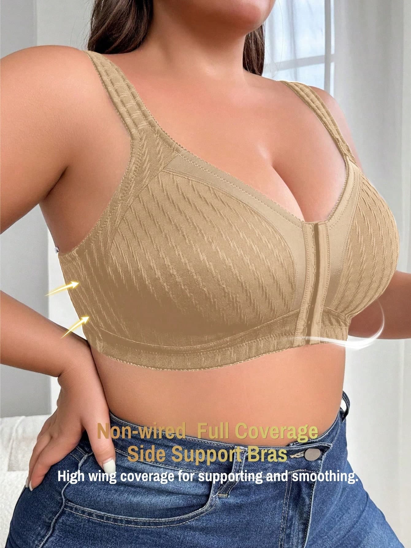 1pc Women's Plus Size Front Closure Wireless Bra,Solid Color Jacquard Weave Soft&Comfortable Full Cup Molded Bra,Back Center Hollow Out Side Support