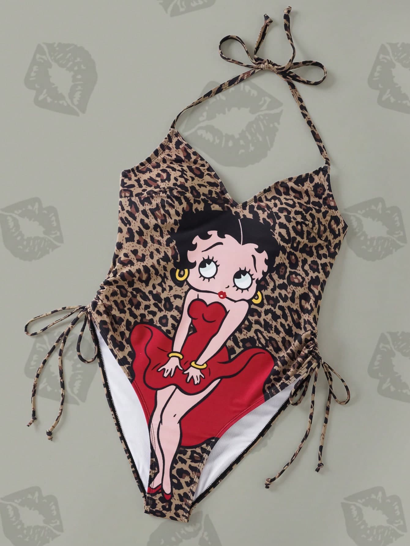 Betty Boop x SHEIN Plus Size Cartoon Character & Leopard Print Twist Front One-Piece Swimsuit