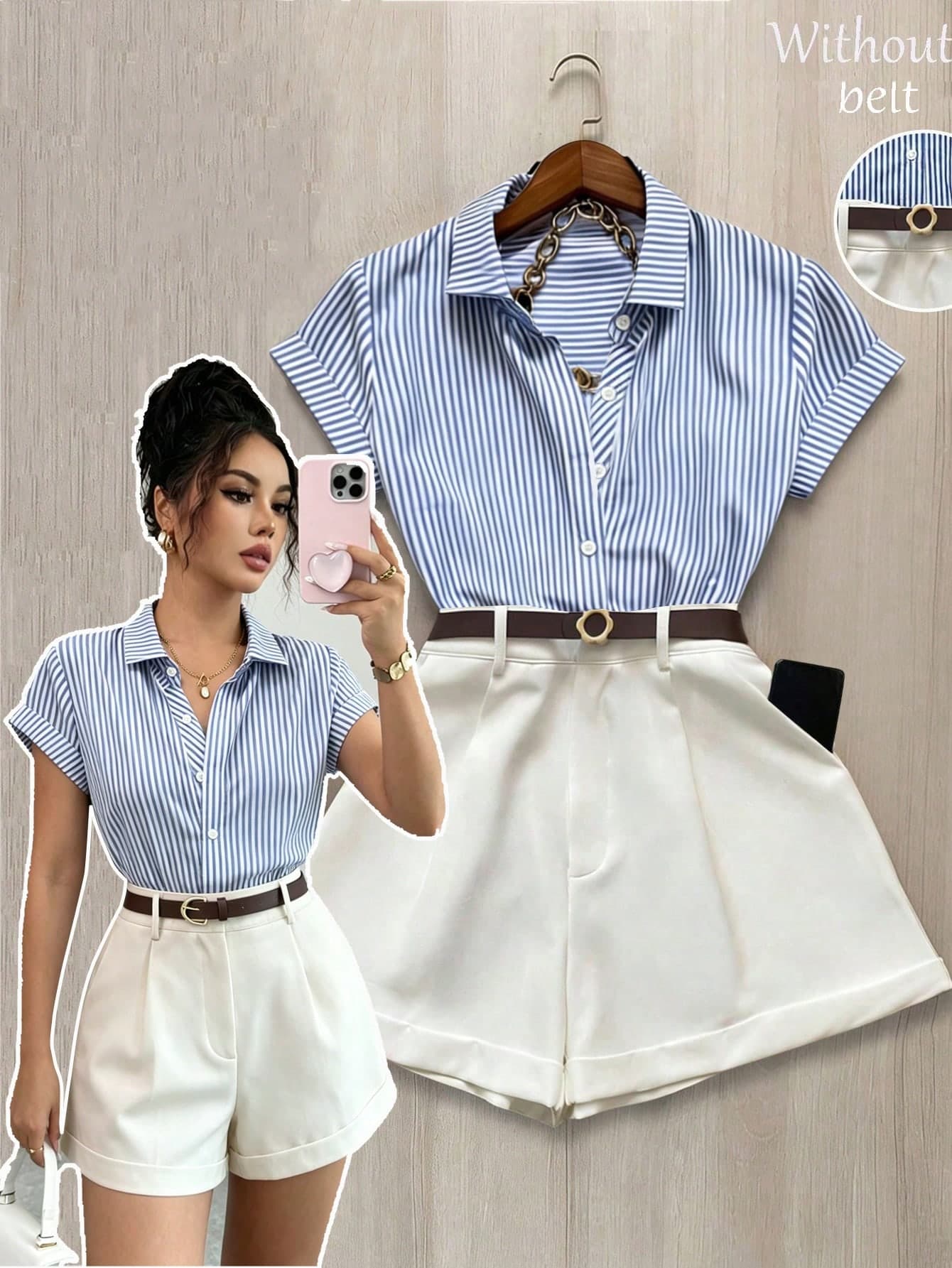 SHEIN Raffinéa Women Blue And White Stripe Two-Piece Set,Elegant Casual Summer Vacation Holiday Outfits Featuring Striped Collar Casual Top And White Fitted Shorts