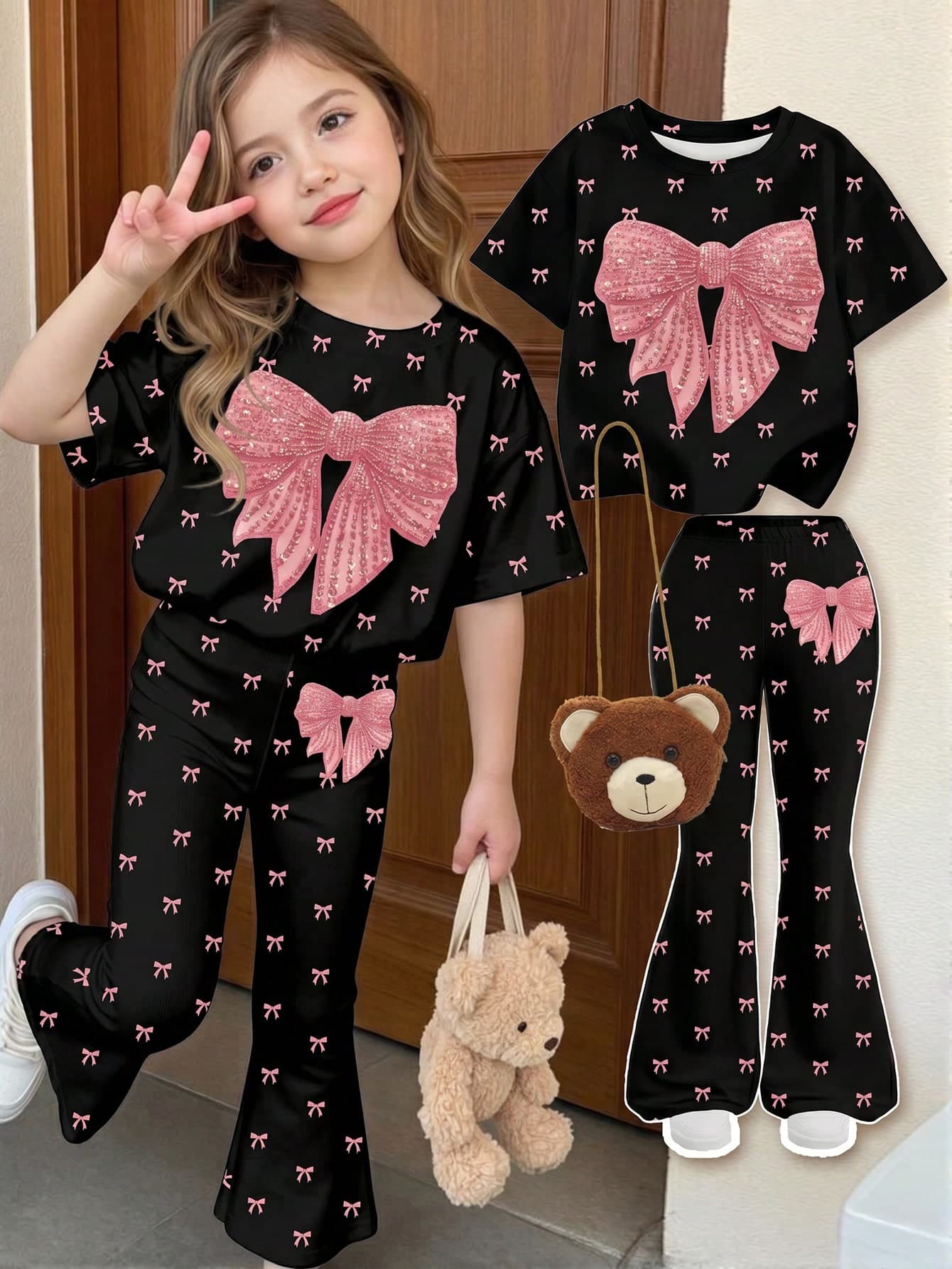 Summer Birthday Young Girl Ballet Style Mini Bow Print Short Sleeve Round Neck Top & Flare Pants 2 Pieces Set,Cute Korean Style Casual Outfits Wear