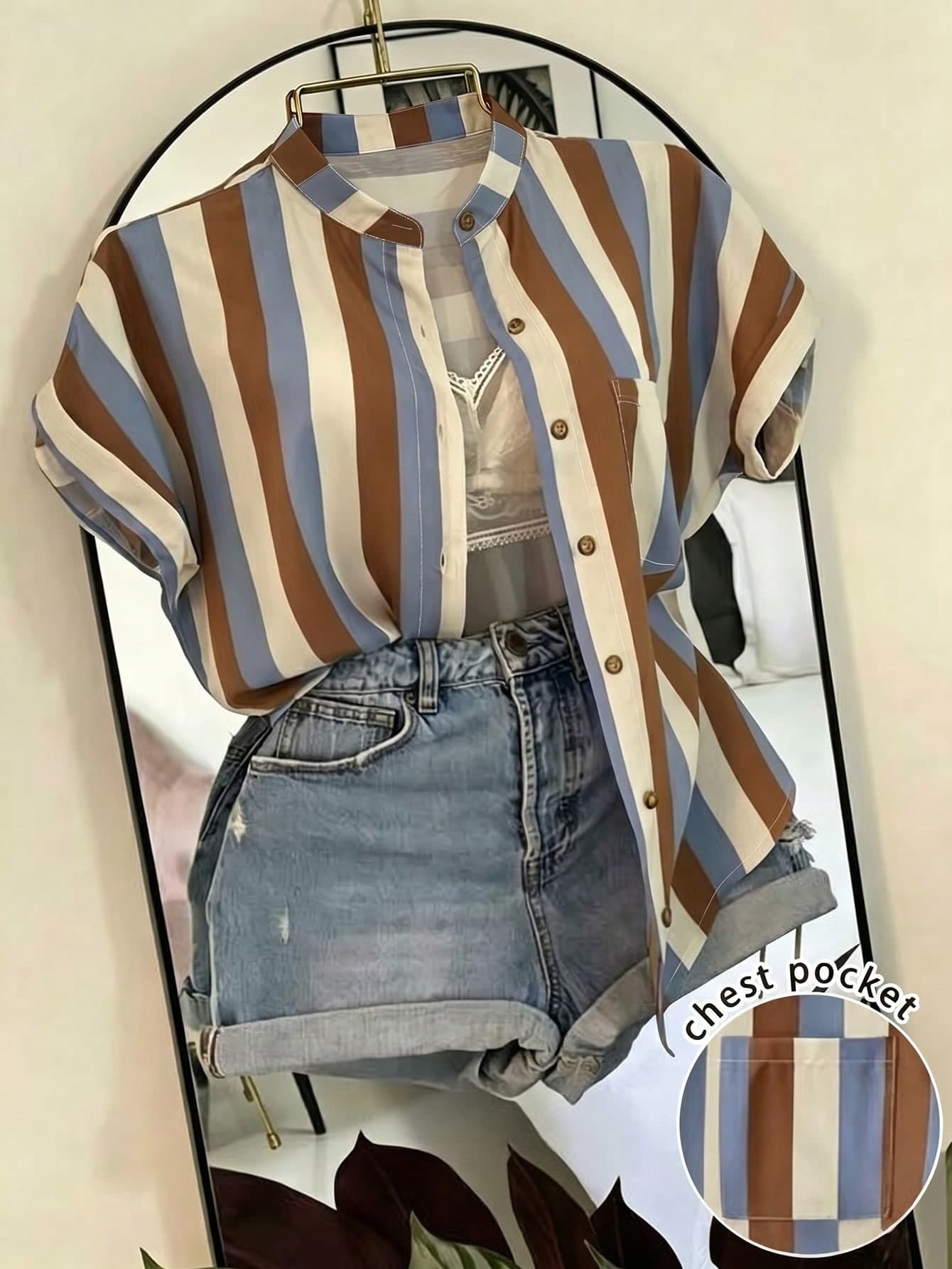 SHEIN Franclia Women's Beige Striped Shirt,Elegant Casual Decorative Button Single Pocket Multi-Color Top,Summer Vacation Beach Outing,Y2K Business Versatile Shirt
