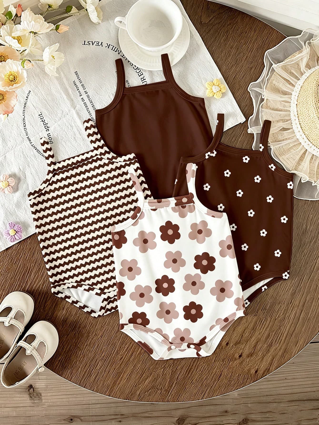 Souflis Souflis 4pcs Newborn Baby Girl Vacation Cute Floral & Striped Print Romper, Soft & Comfortable Daily Wear Sleeveless Jumpsuit, Summer Outfits