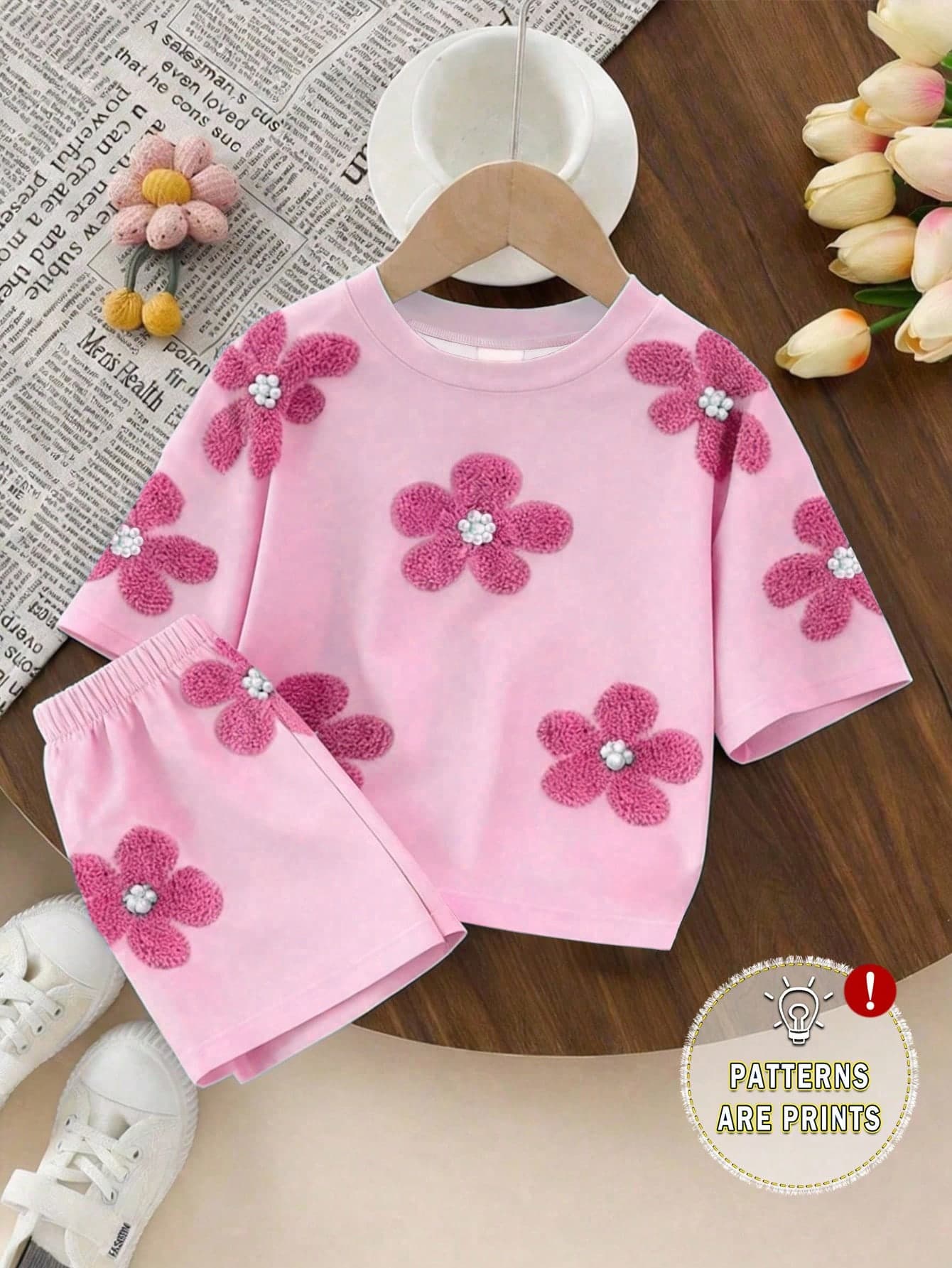 Souflis Souflis 1 Set Baby Girls' Cute Floral Print Short Sleeve T-Shirt And Shorts, Pink Summer 2nd Birthday Outfit, Casual Fashionable Clothes For Outdoor Wear