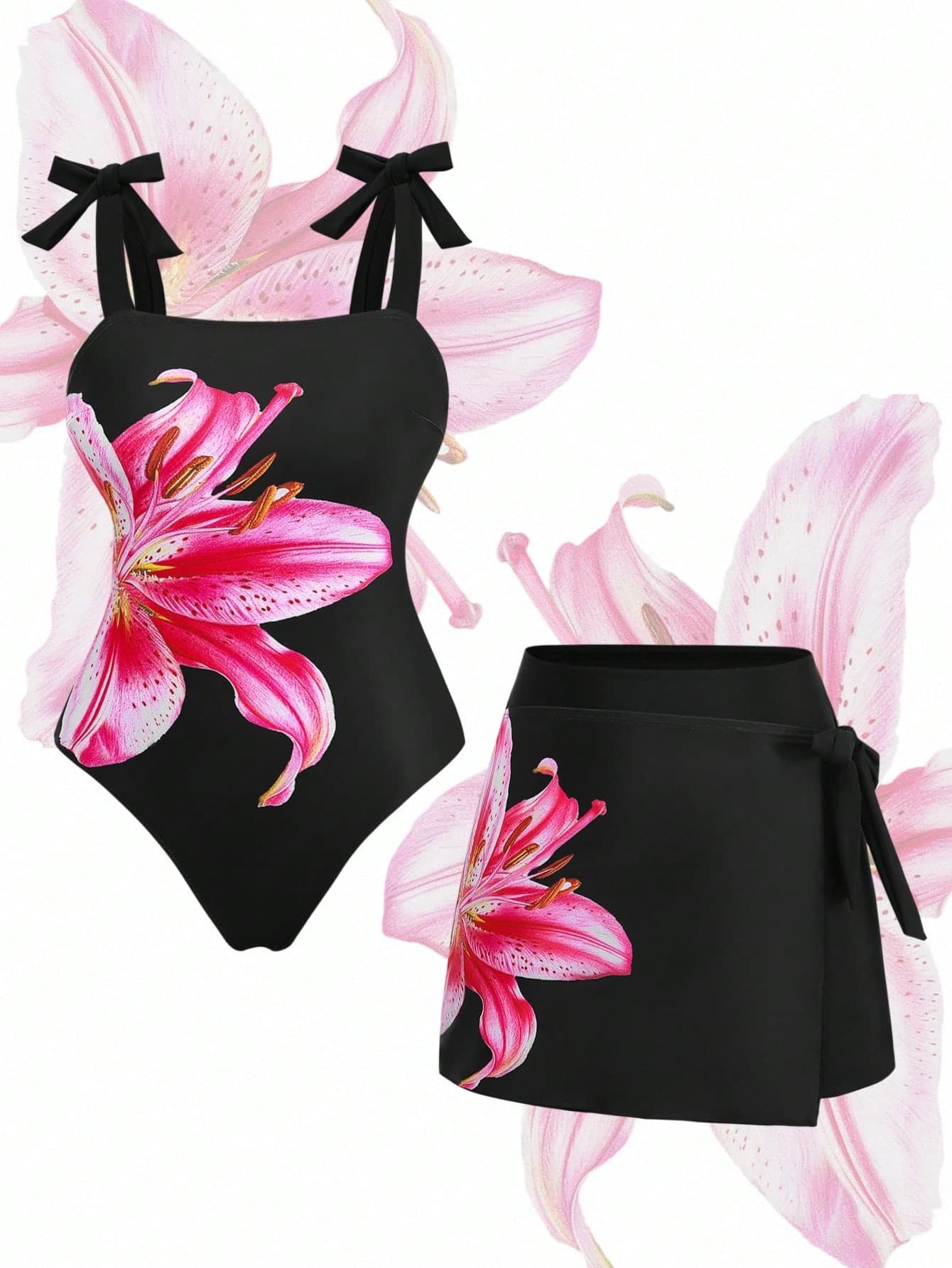 Swim Oasis Plus Size Women Floral Print Tankini Swimsuit And Mini Skirt Set, Suitable For Beach Vacation, Pool Party, Beach Party