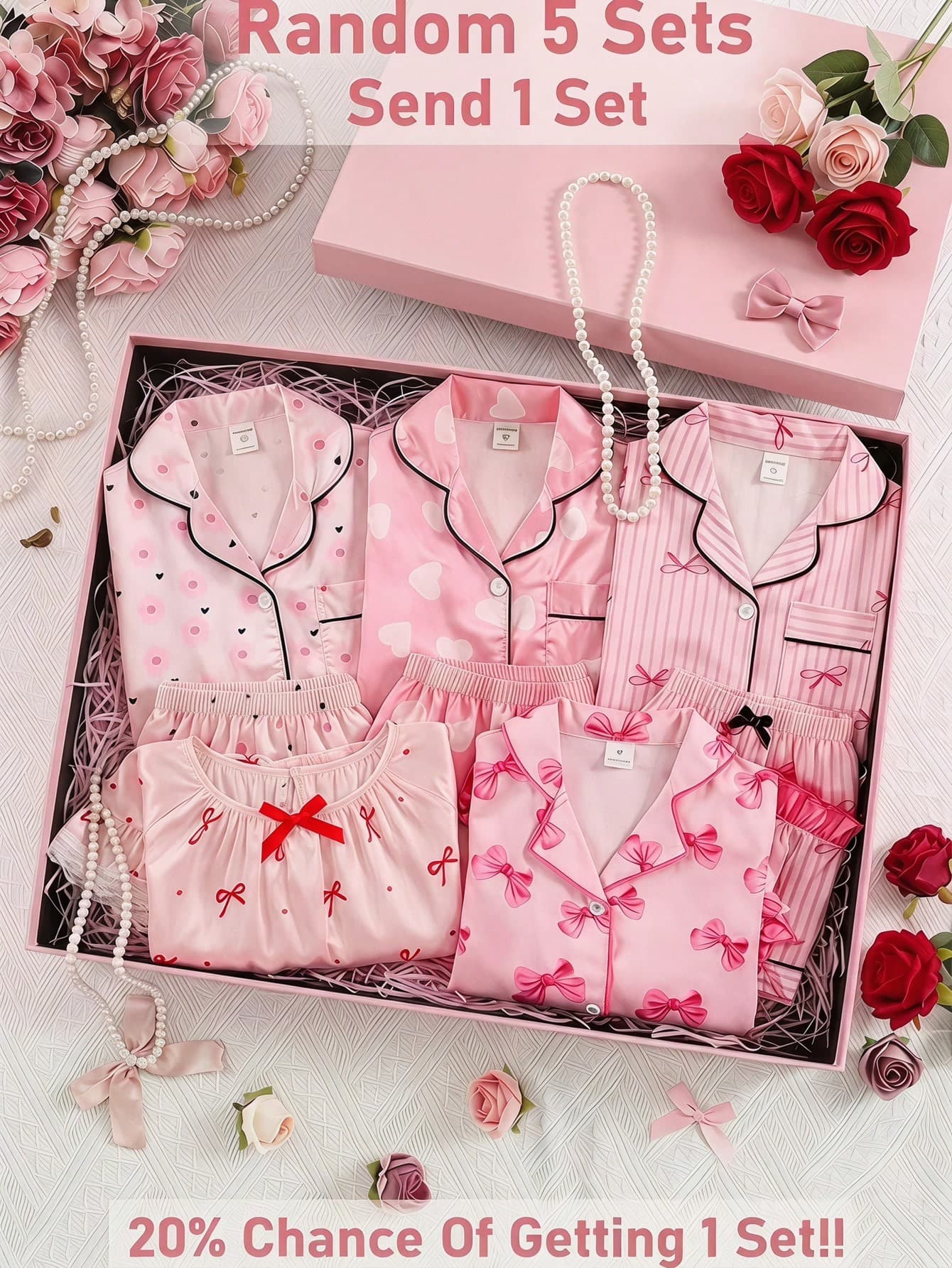 SHEIN Random 5 Sets Send 1 Set Young Girl's  Kids Short Sleeve Pajama Set,Pink Fairy Family Matching Holiday,Cartoon Bear Heart Bow Print Snug Fit Sleepwear