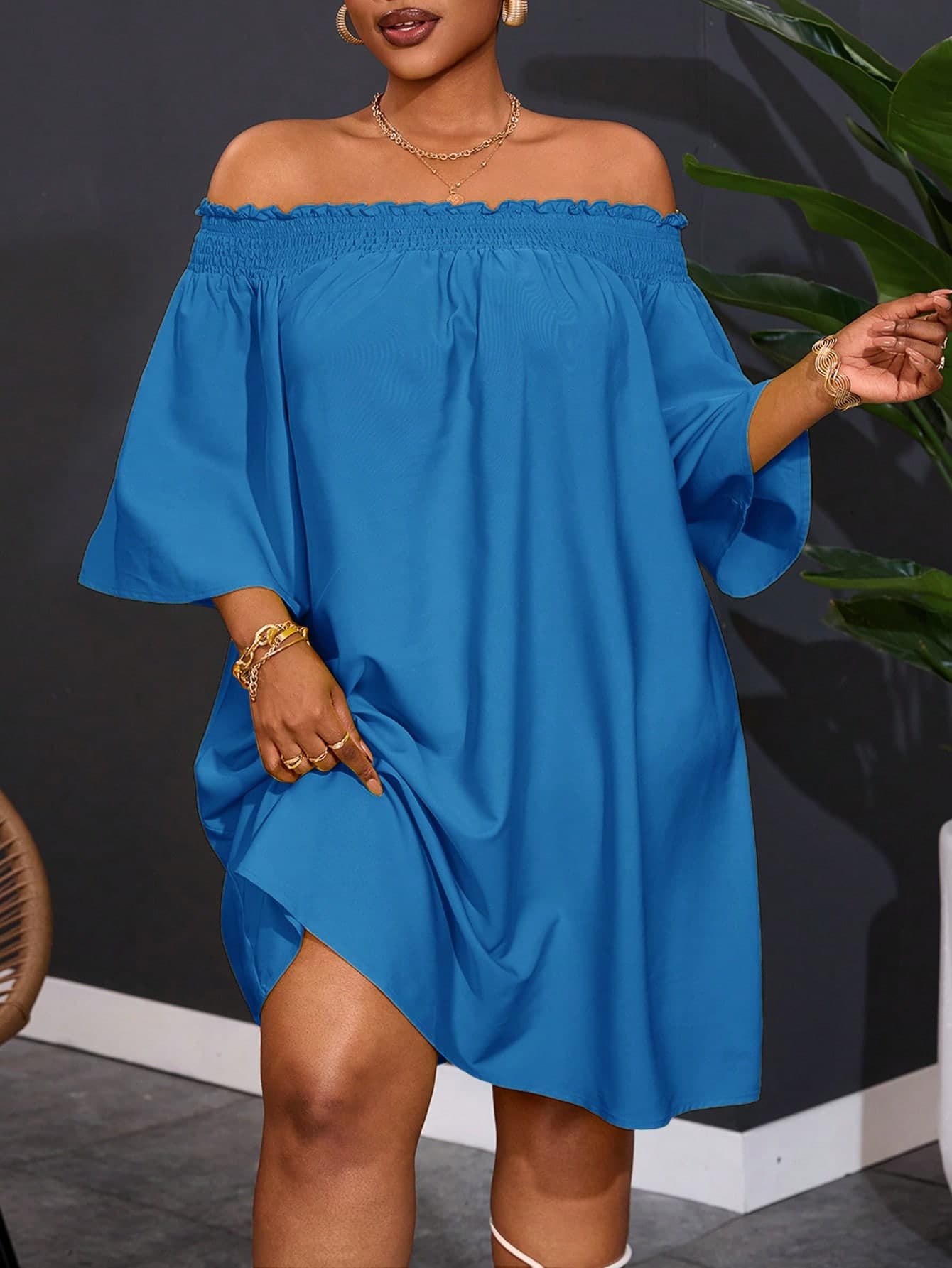Slaydiva Plus Size Women's Off-Shoulder Elegant Commute & Vacation A-Line Dress Fall