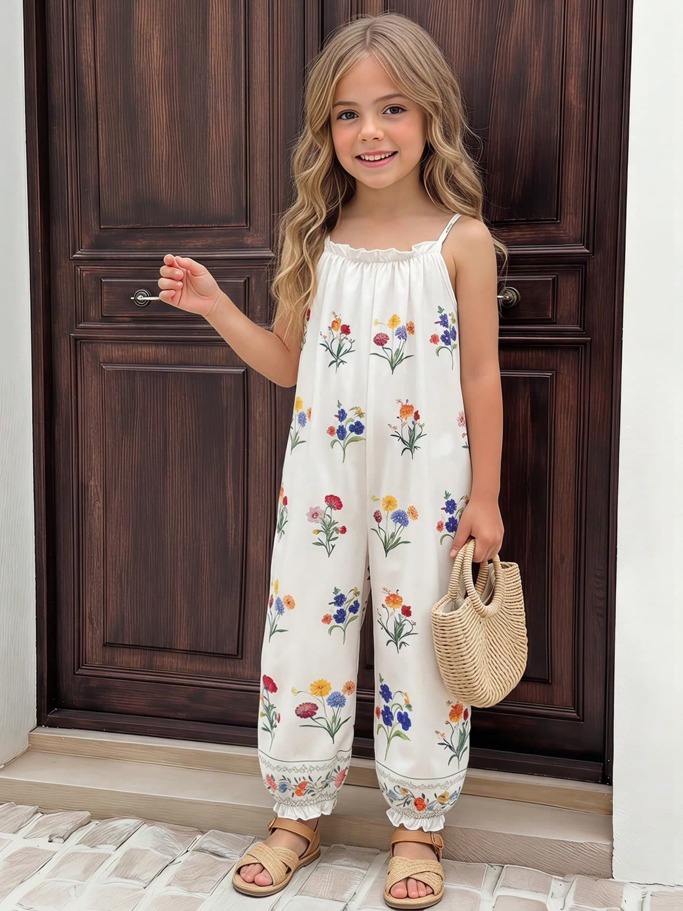 SHEIN Young Girl Vacation Casual Fashion Ditsy Floral Sleeveless Jumpsuit