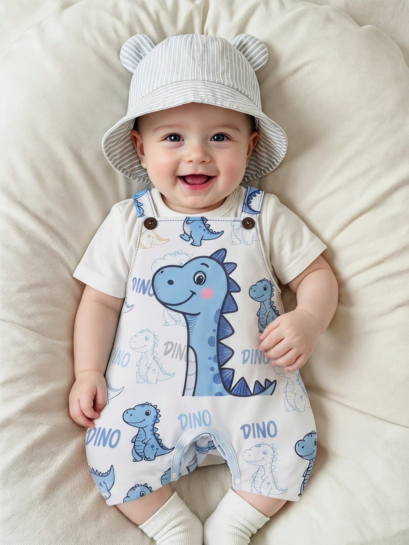 SHEIN Toddler Boys' Casual Cute Animal Print Romper With Round Neck Short Sleeve, Suitable For Summer