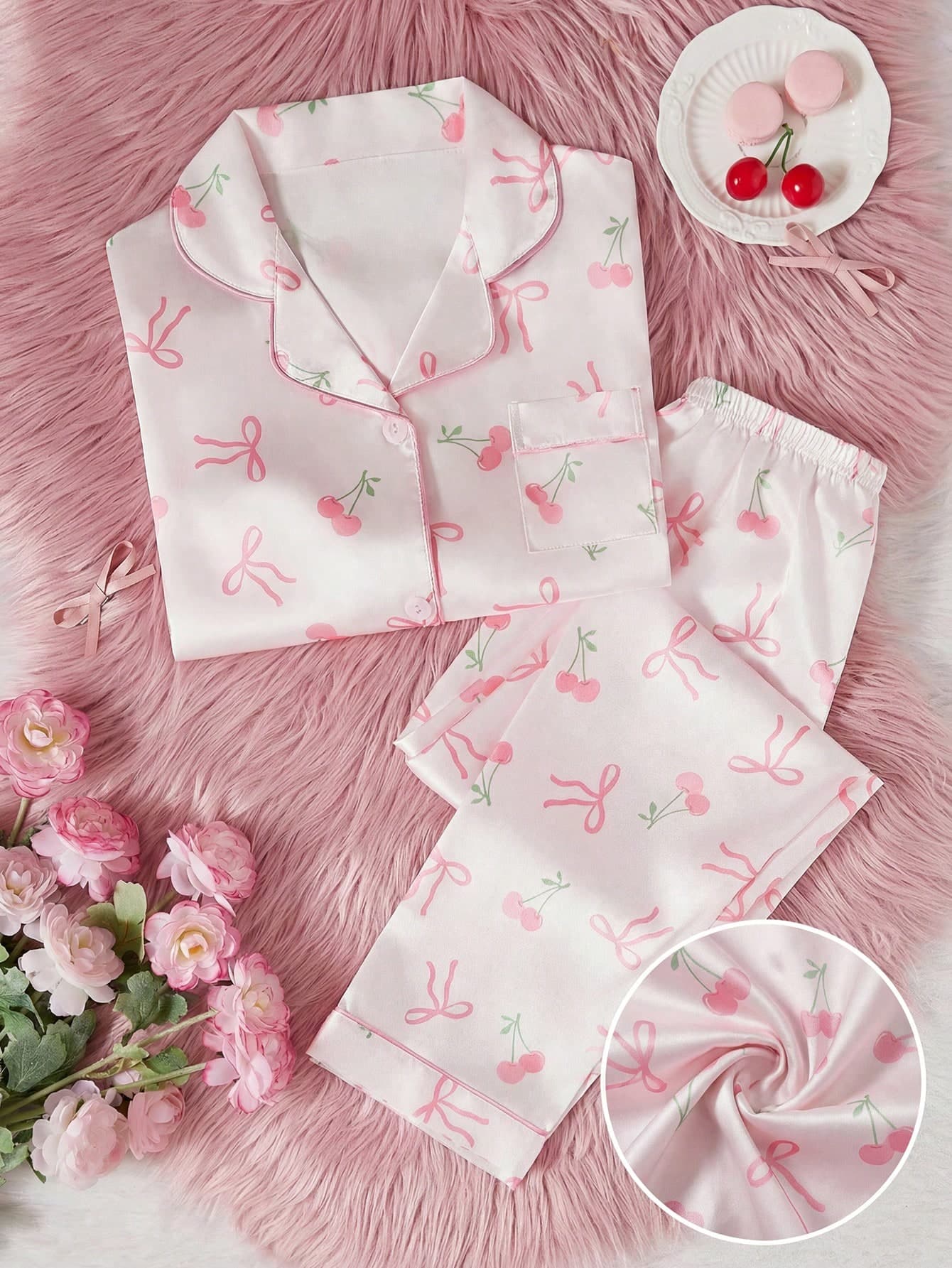 2pcs Tween Girls Cute Bow Print Lapel Cardigan & Casual Pants Set, Comfortable Sleepwear,Summer,Travel