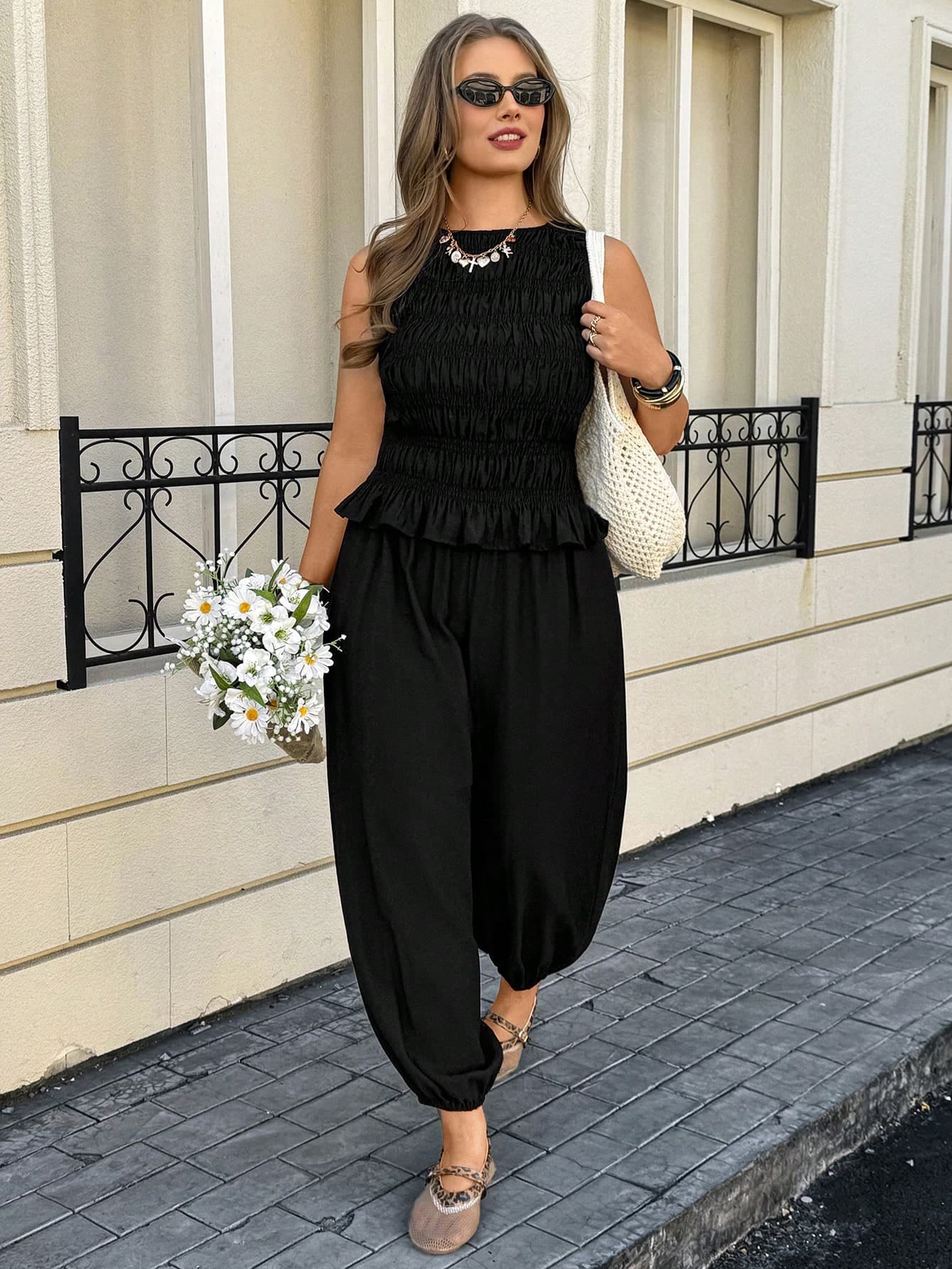 Lounesse Plus Size Women Black Summer Smart Casual Everyday Outfit,Elegant Ruffle Trim Sleeveless Top And Lantern Pants Set,Solid Color Vacation Jumpsuit