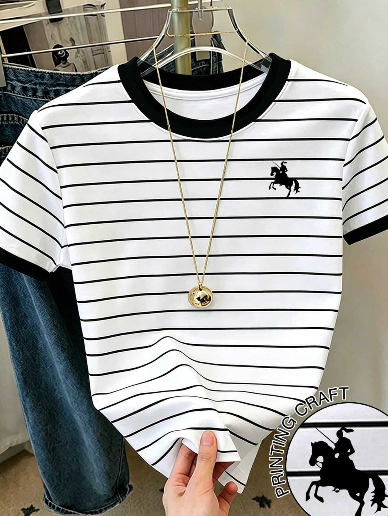 Resyla Women's Color Block Knight Print Striped Short Sleeve Round Neck T-Shirt