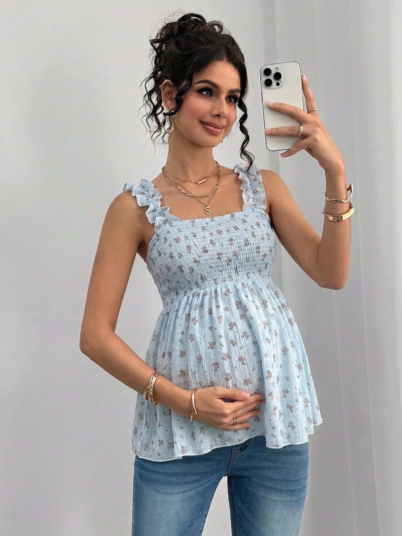 Momance Light Blue Maternity Ditsy Floral Frill Trim Shirred Bust Babydoll Wide Straps Top, Elegant Pregnant Summer Women Casual Vacation Baby Showers