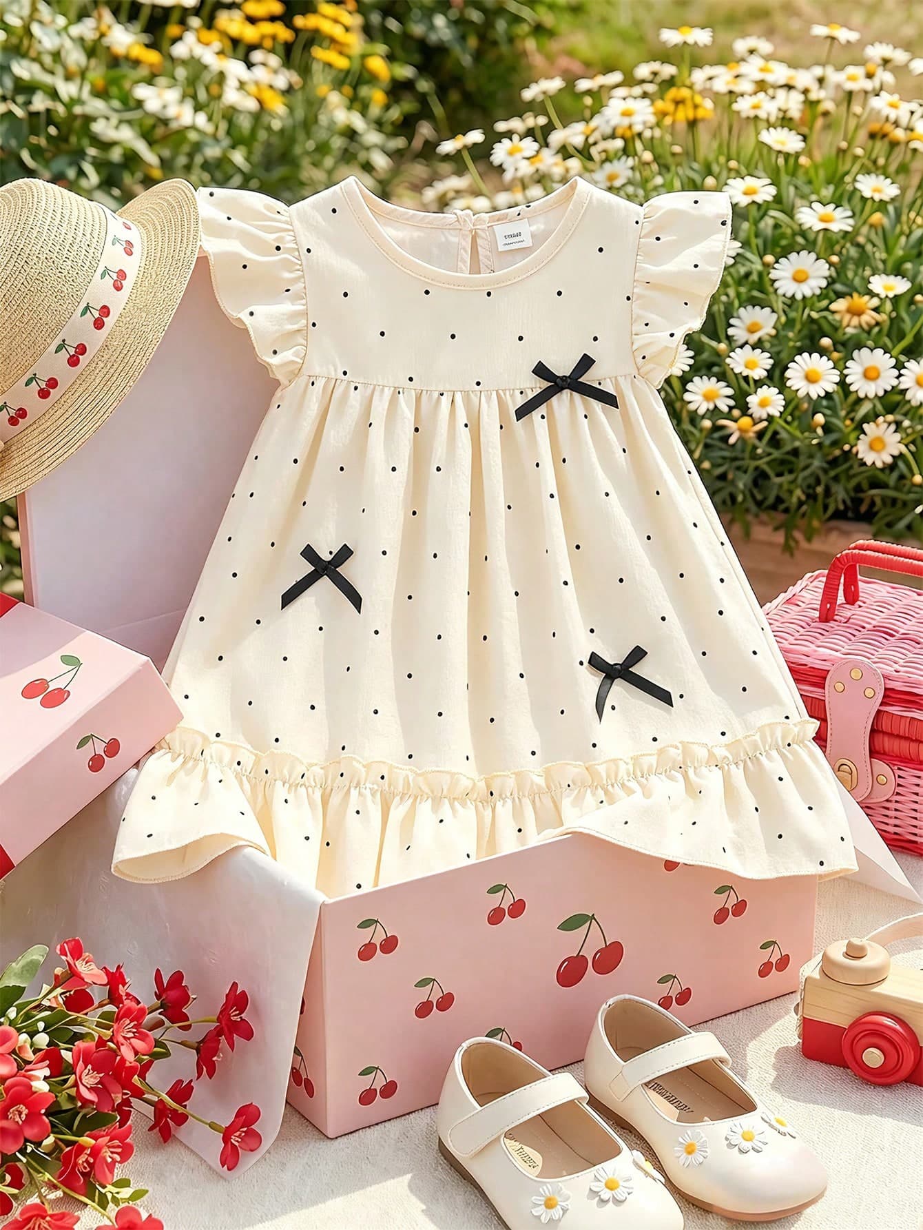 SHEIN Baby Girls' Casual Cute Polka Dot Bowknot Flounce Sleeve Design Dress, Suitable For Spring/Summer Daily Wear