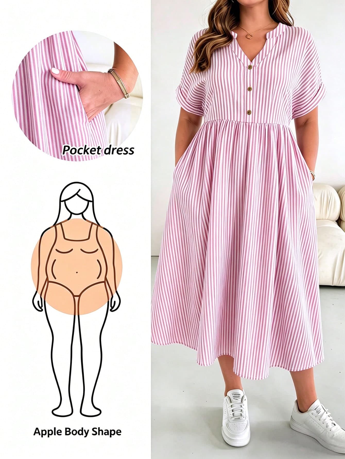 SHEIN Essnce Plus Size Women V-Neck Striped Pocket Button Decor Dress