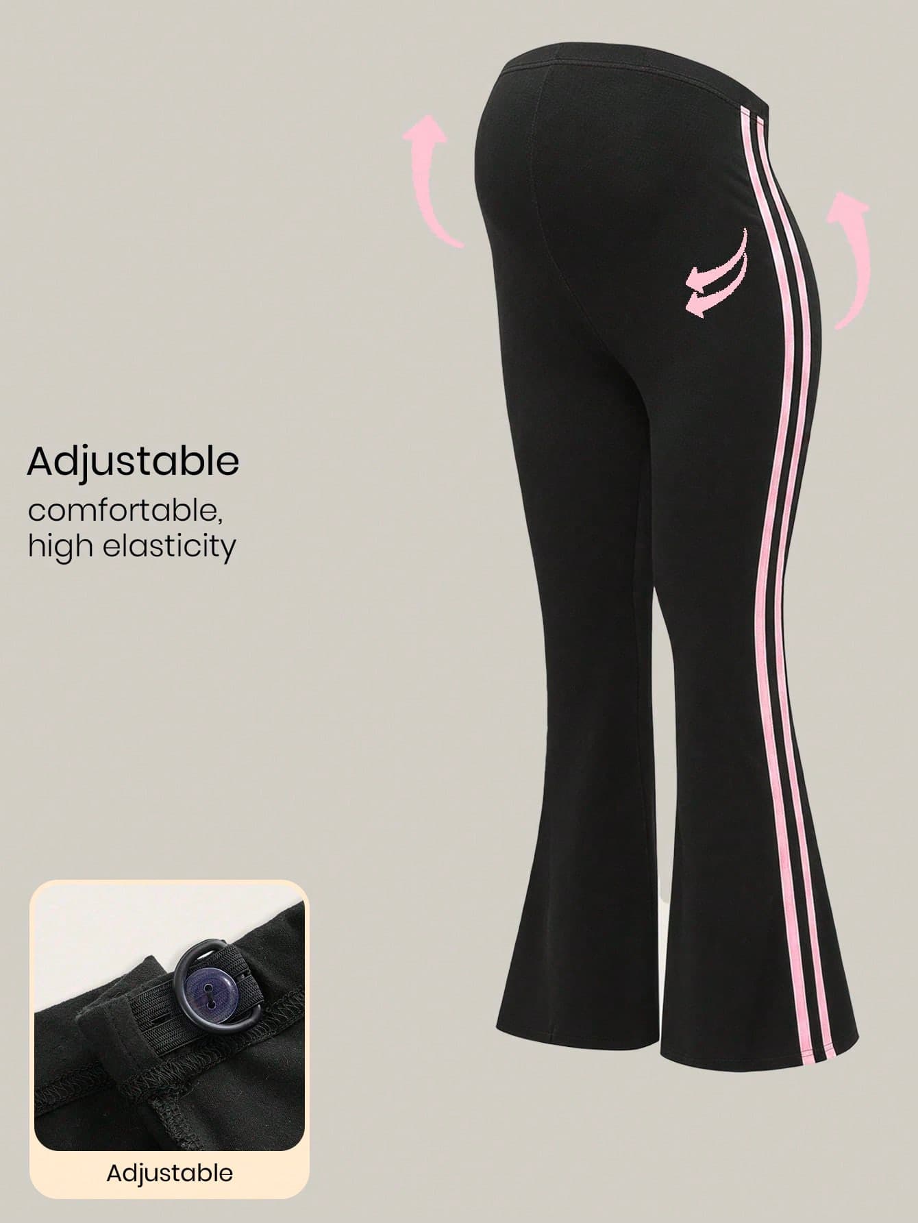 Modmama Maternity Black Flared Trousers With Pink Side Stripes,Adjustable Waist Casual High Elasticity Flare Leg Pants For Pregnant Women,Sommar Gym Outfits
