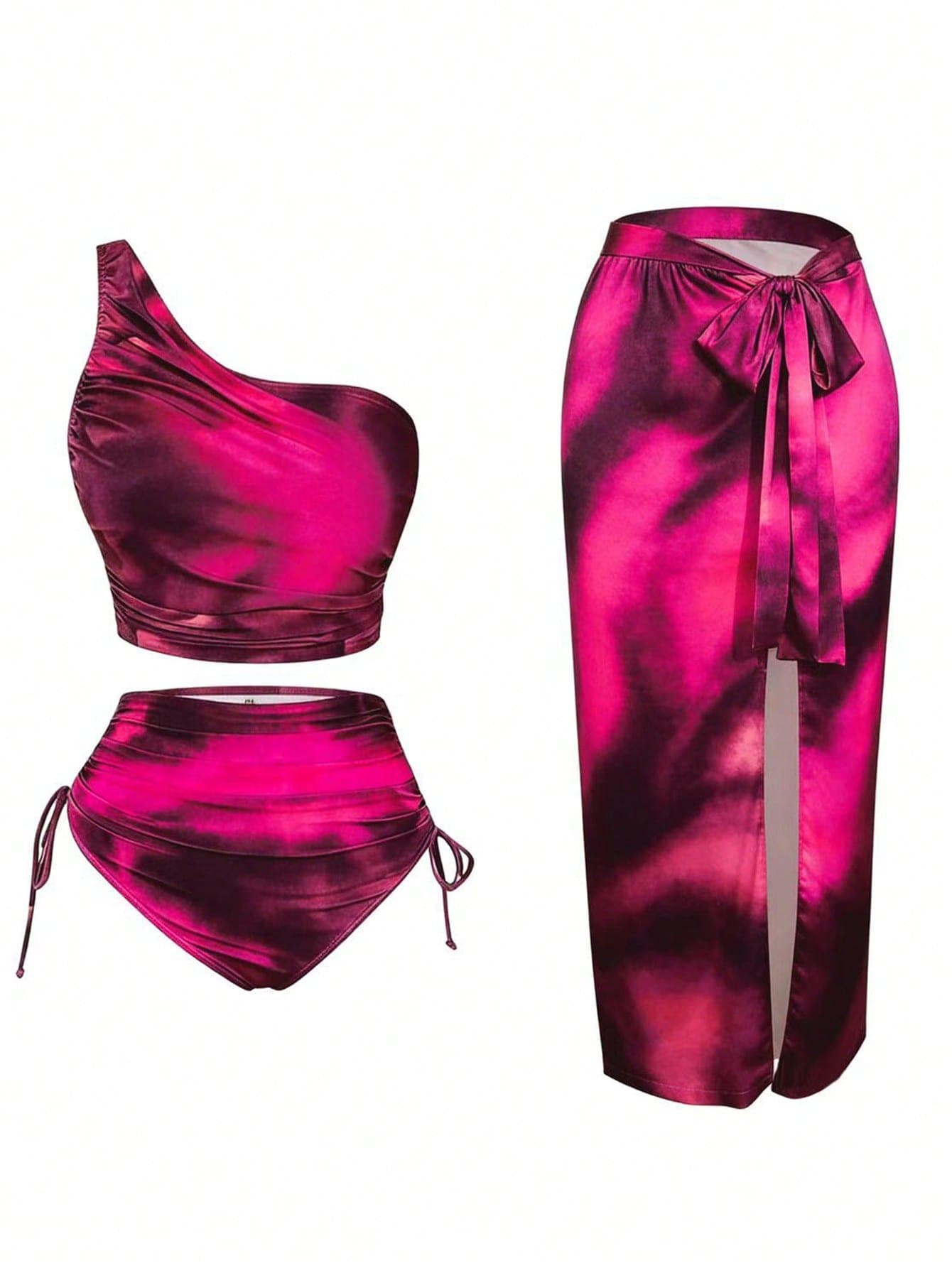 Swim Oasis Plus Size Women 3pcs/Set Random Floral Print Elegant Sexy Asymmetrical Shoulder Bikini Set With Sarong Skirt, Beach Beach Vacation Holiday Summer