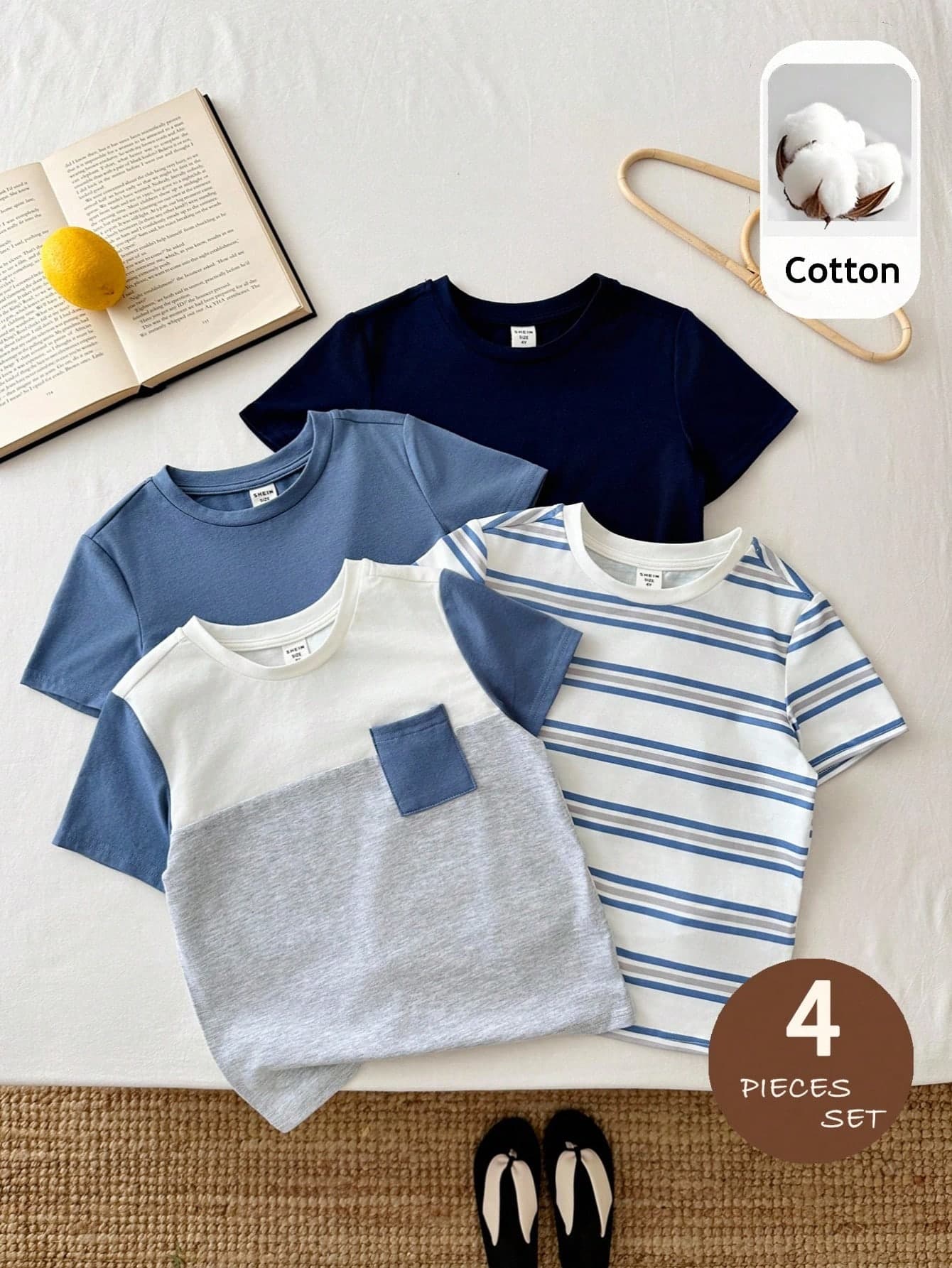 LMoss Kids 4pcs Young Boys' Casual Striped & Floral Textured Knit Round Neck Short Sleeve Comfortable T-Shirts, Suitable For Outdoor & Indoor Wear