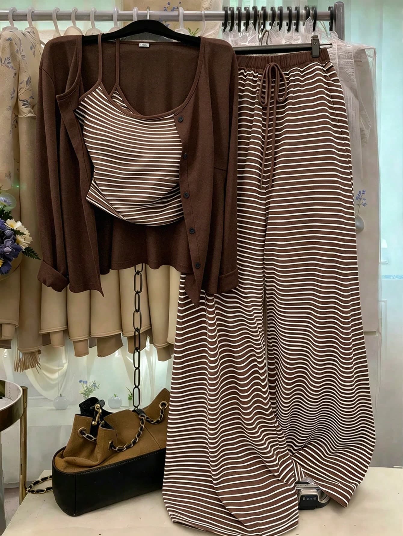 GlowEve CURVE Plus Size Solid Color Knit Cardigan, Front Button Closure, Striped Fitted Drawstring Decor, Elegant Casual Commute Daily Wear Pants Fall