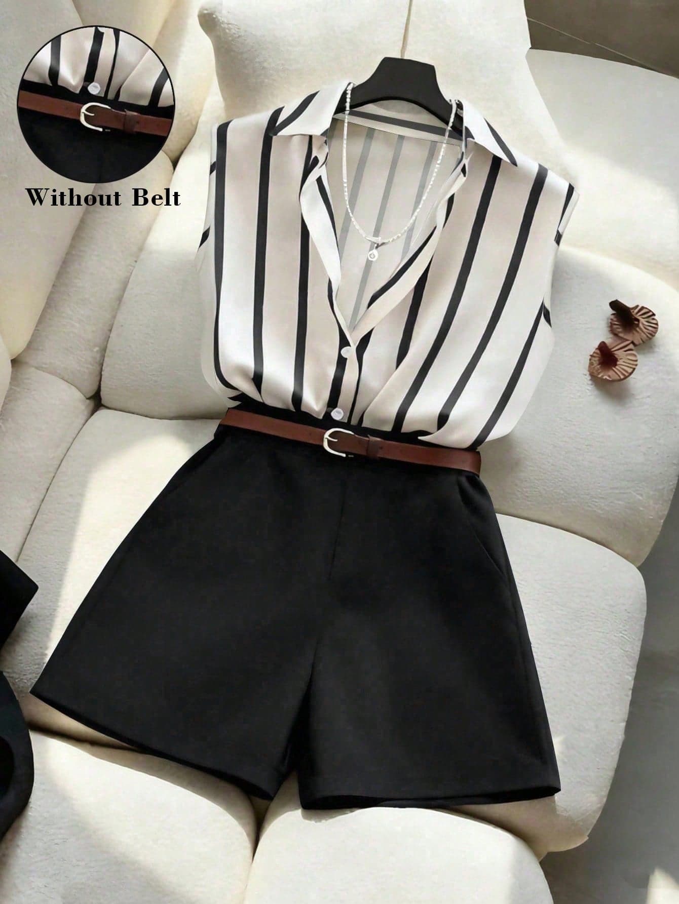 SHEIN Franclia Women's Sleeveless Black And White Striped Black Shirt Blouse + Loose Fashionable Casual Versatile Shorts, Spring/Summer Office