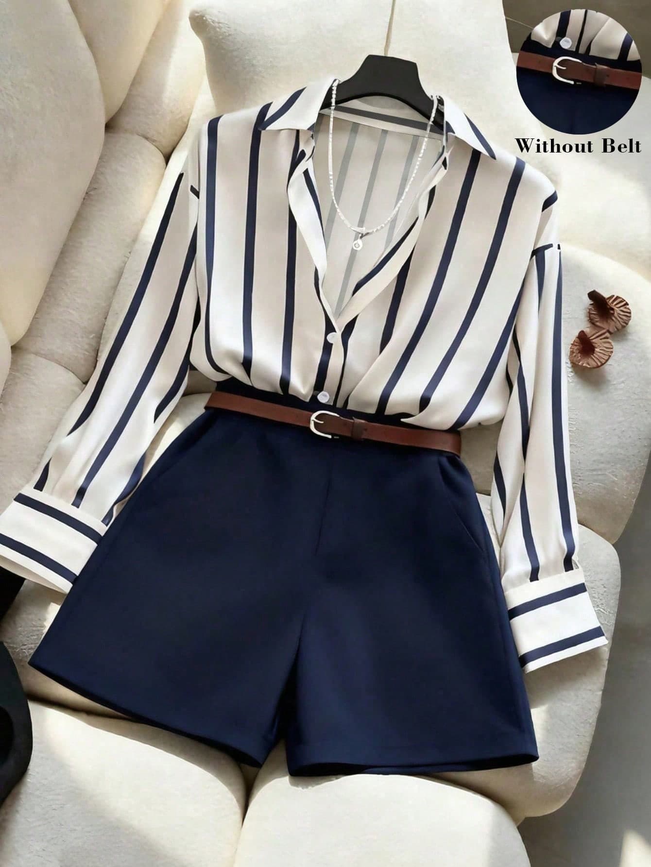 Franclia Women's Navy And White Striped Shirt And Navy Shorts Set,Summer Casual Elegant Office Style,Spring/Autumn 2 Pieces Outfit For Daily Work,Versatile