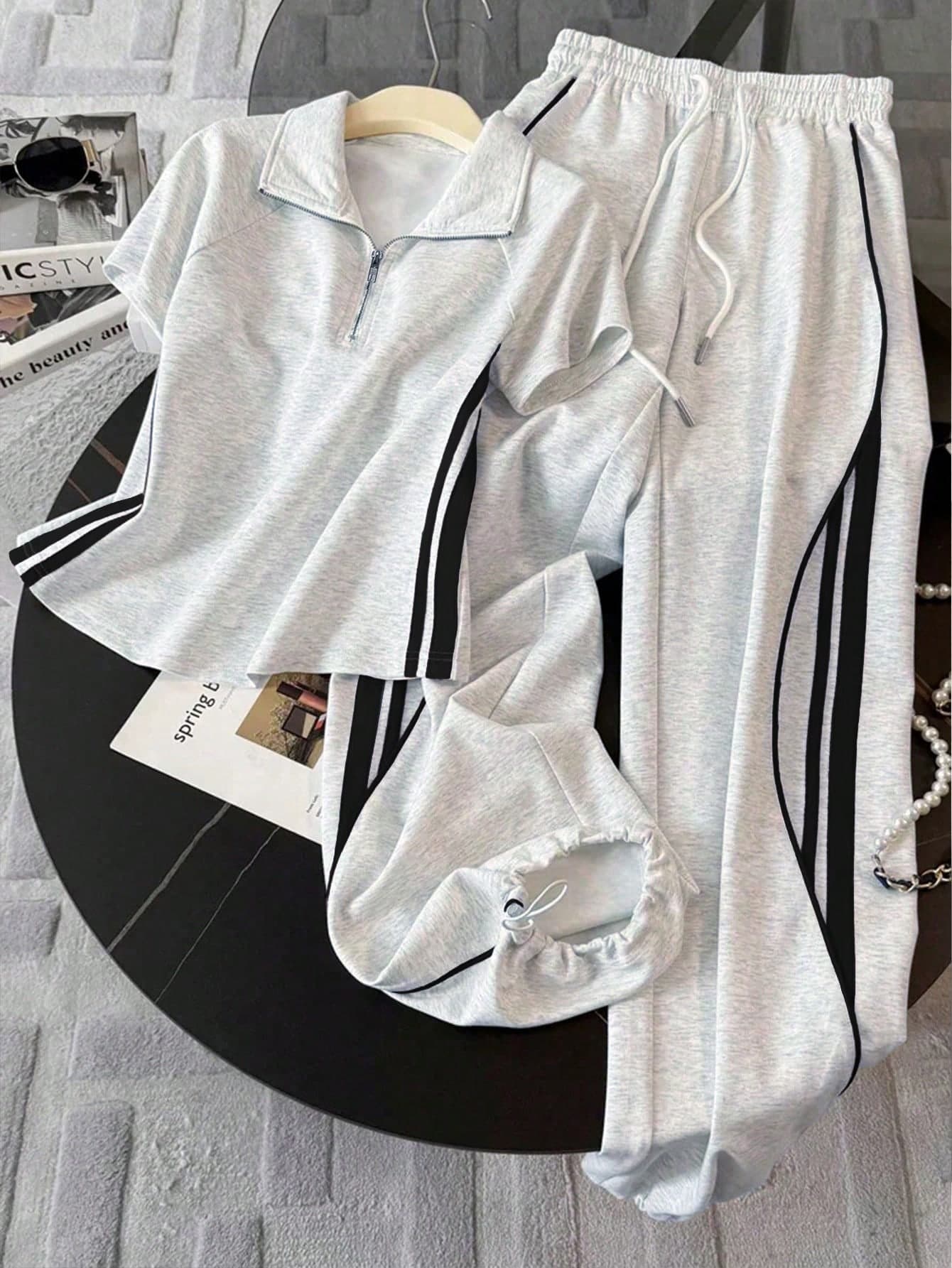 Resyla Stand Collar Raglan Short Sleeve Top + Casual Long Pants
