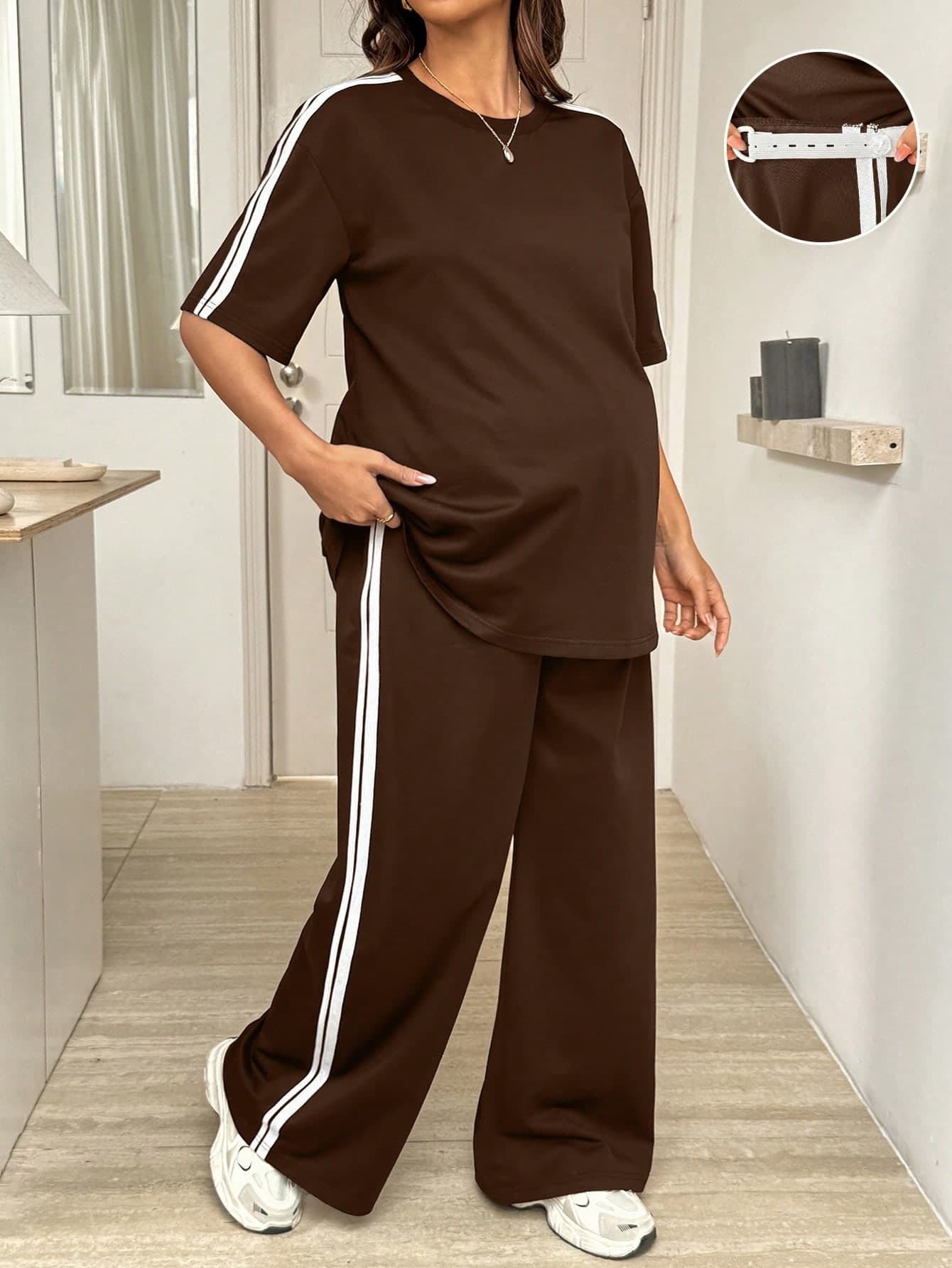 SHEIN 2pcs Maternity Casual Comfortable Side Stripe Top & Pants Set World Cup