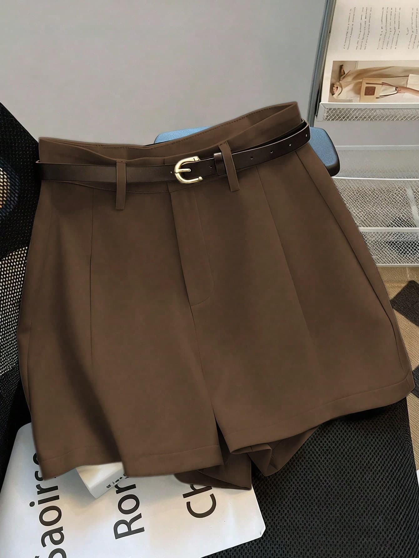 Franclia Casual & Commuting Fashion Versatile Mid-High Waist Belted Summer New Solid Color Khaki Shorts For Women