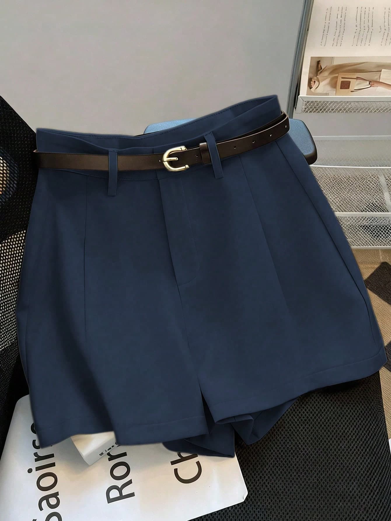 Franclia Casual & Commuting Fashion Versatile Mid-High Waist Belted Summer New Solid Color Khaki Shorts For Women