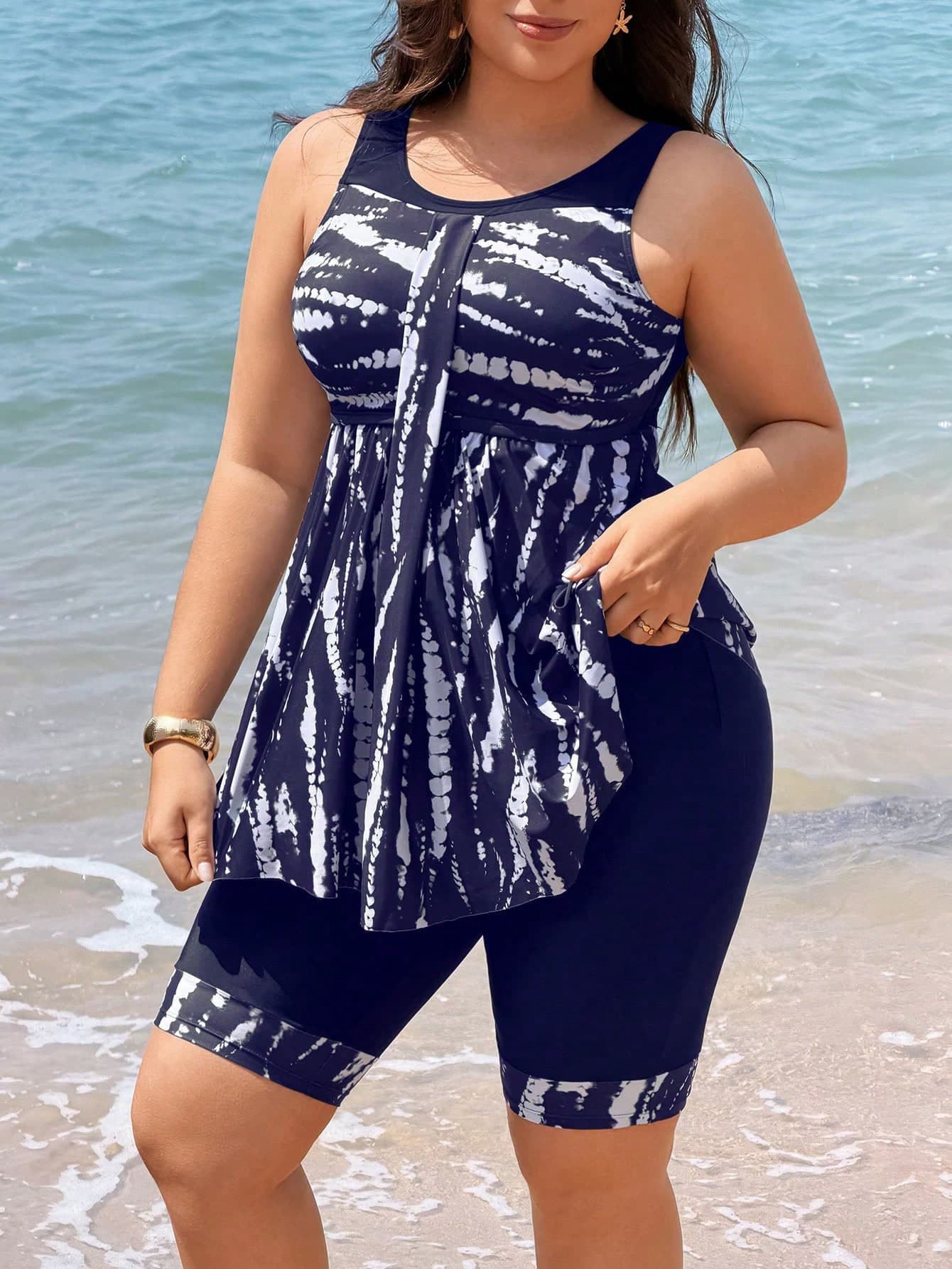 Swim Lushoire 2026 New Plus Size Women's Tankini Swimsuit Two Pieces Set,Navy Blue Digital Print Backless Bikini With Skirt,Summer Beach Vacation Holiday Party