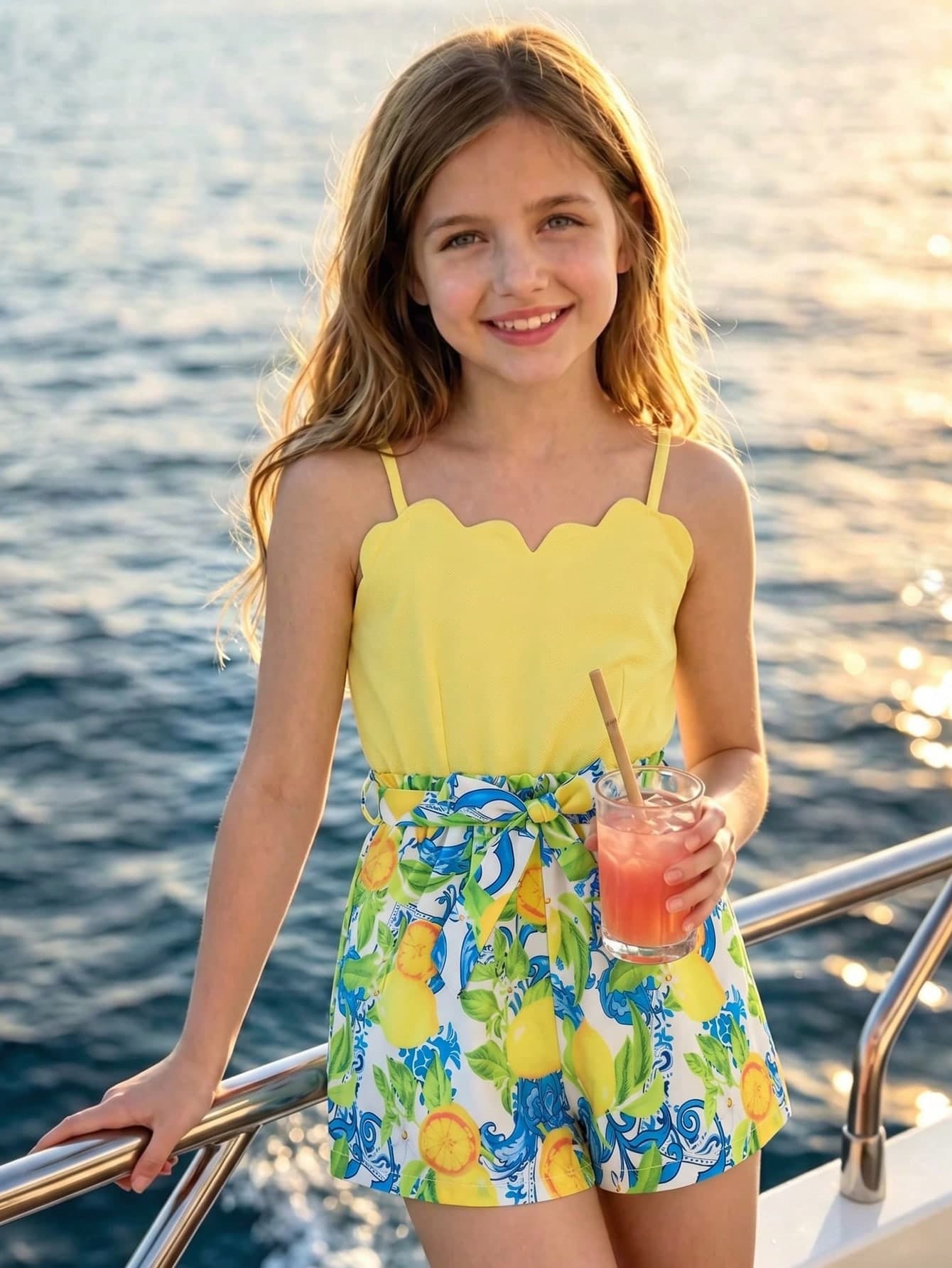 SHEIN Tween Girl Vacation Fruit Print Camisole Romper