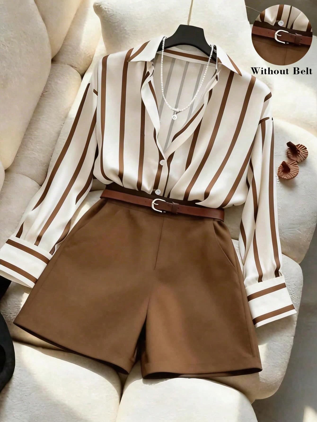 Franclia Women's Loose Draping Striped Shirt & High Waist Navy Shorts Set, Minimalist Stylish Outfit For Spring/Summer